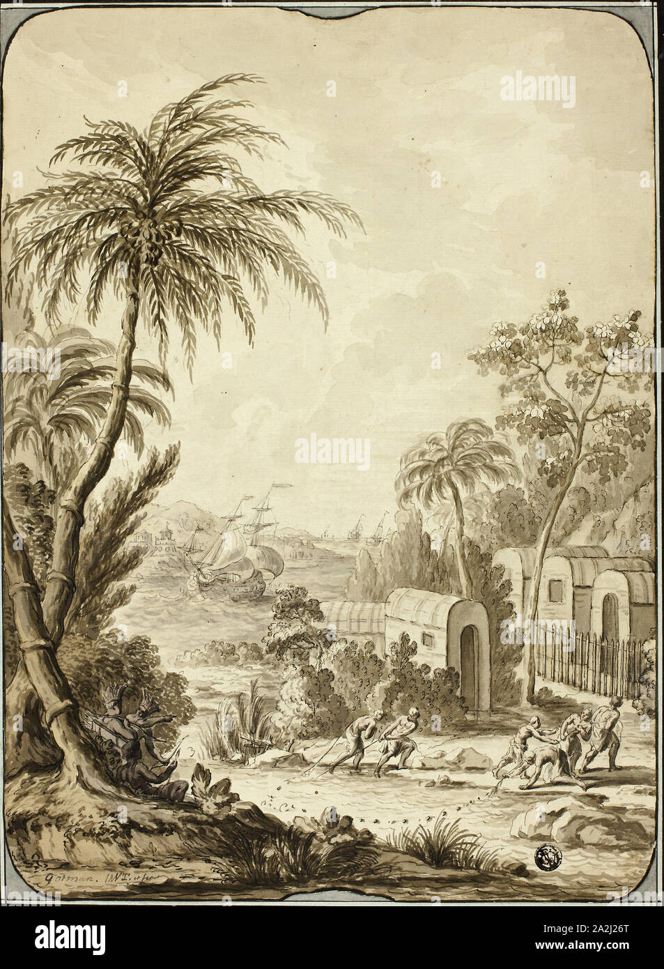 South Sea Island, n.d., Lorens Gottman, Swedish, 1708-1779, Sweden, Pen and black and brown ink, with brush and black, brown and pink wash, over traces of black chalk, on cream laid paper, laid down on ivory laid paper, 336 x 246 mm Stock Photo