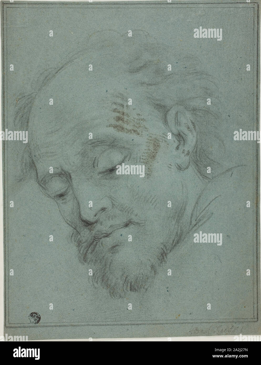 Male Head Looking Down, n.d., Unknown artist, possibly Italian, 17th century, Italy, Black crayon, heightened with lead white (discolored), on blue laid paper, 285 × 219 mm Stock Photo