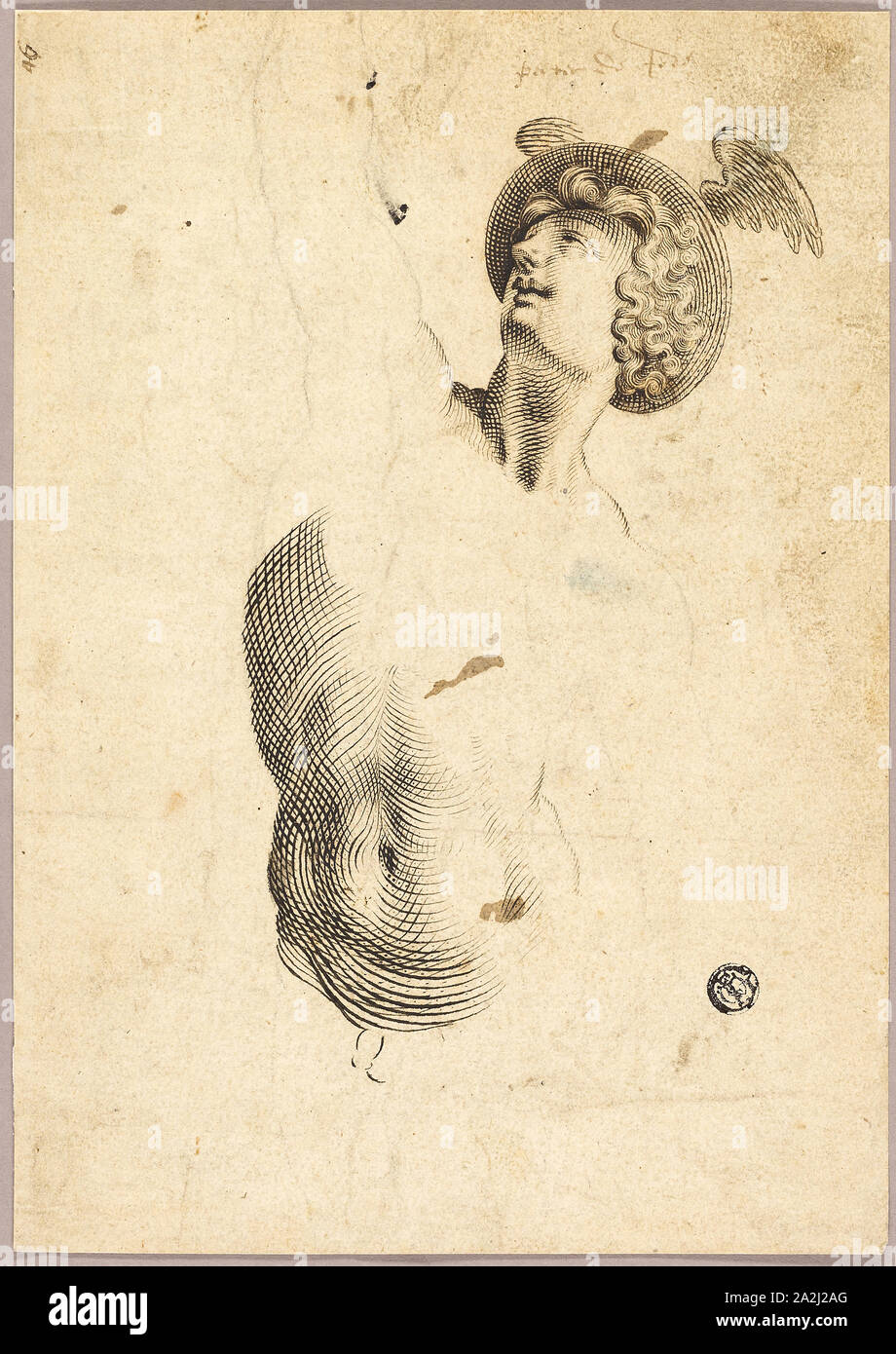 Mercury, n.d., Attributed to Jan Harmensz Muller (Dutch, 1571-1628), or Peeter de the younger Jode (Dutch, 1606-1674), or an unknown artist (Netherlandish, 16th century), Holland, Pen and brown ink, over black chalk, on buff laid paper, 245 × 173 mm Stock Photo