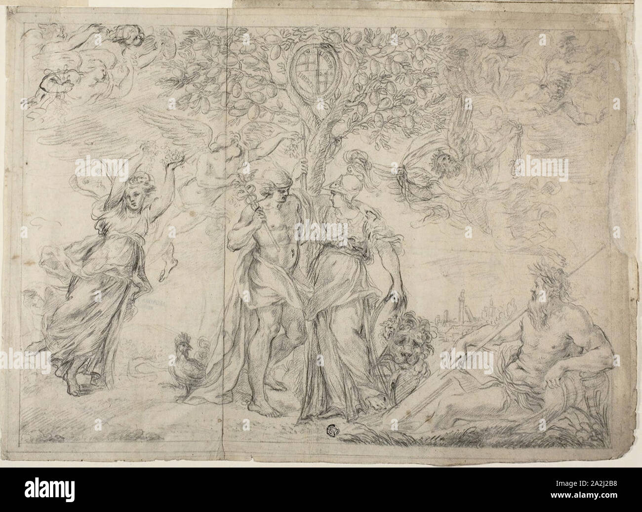 An Allegory of Bologna, 1630/39, Alessandro Algardi, Italian, 1598-1654, Italy, Black chalk on ivory laid paper, partially laid down on ivory laid paper, 365 × 505 mm Stock Photo