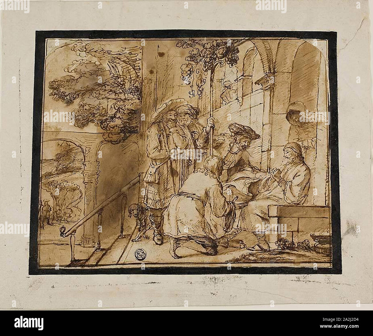 Joseph’s Brothers Showing His Coat to Jacob, 1640s, Jan Victors, Dutch, 1619-1676, Netherlands, Pen and brown ink, with brush and brown wash, on cream laid paper, 195 x 246 mm Stock Photo