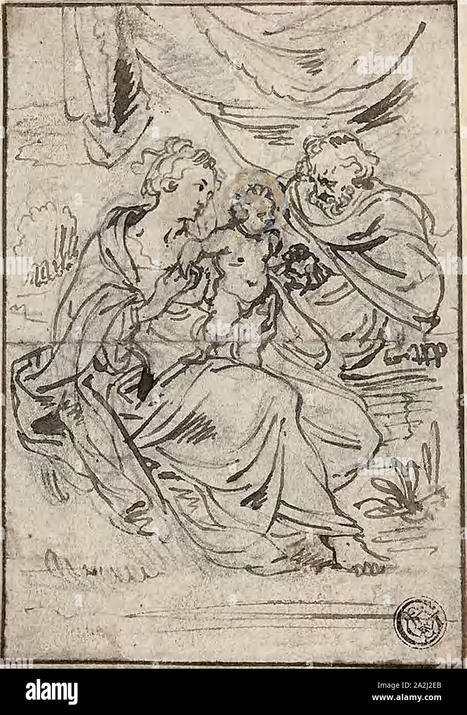 Holy Family, n.d., Attributed to Johann Boeckhorst (Flemish, 1605-1668), or Abraham Jansz. van Diepenbeeck (Flemish, 1596-1675), or circle of Peter Paul Rubens (Flemish, 1577-1640), Flanders, Pen and brown ink, with graphite, heightened with ochre and white gouache, on ivory laid paper, tipped onto cream laid paper, 130 × 90 mm Stock Photo