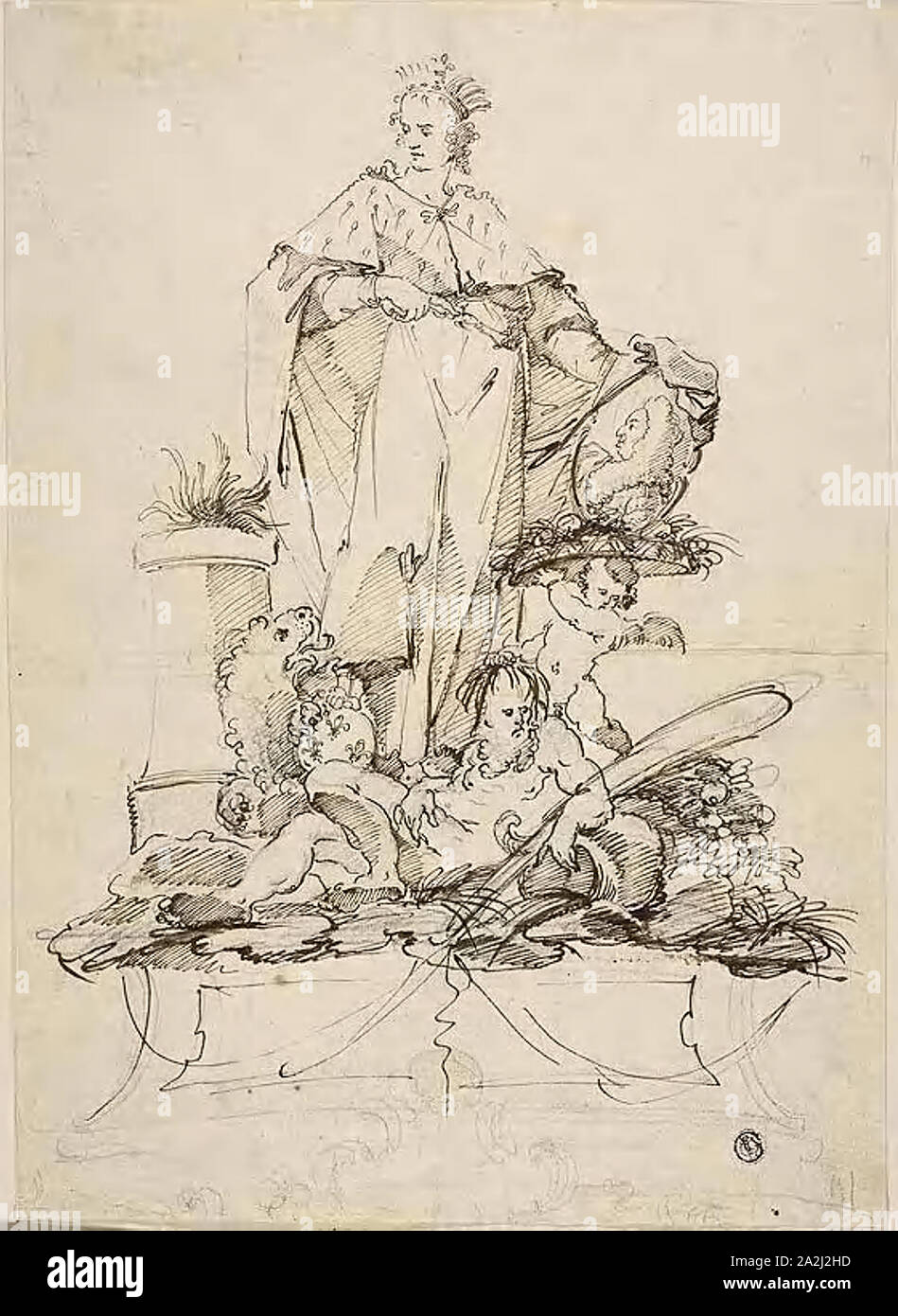 Allegory in Honor of Grand Duke Gian-Gastone de’Medici, n.d., Possibly Pietro Antonio Novelli (Italian, 1729-1804), or Francesco Conti (Italian, 1681-1760), or Guillaume Coustou, I (French, 1677-1746), or Vincenzo Franceschini (Italian, 1812-1885), Italy, Pen and brown ink, with traces of brush and brown ink, over black chalk on ivory laid paper, 356 × 261 mm Stock Photo