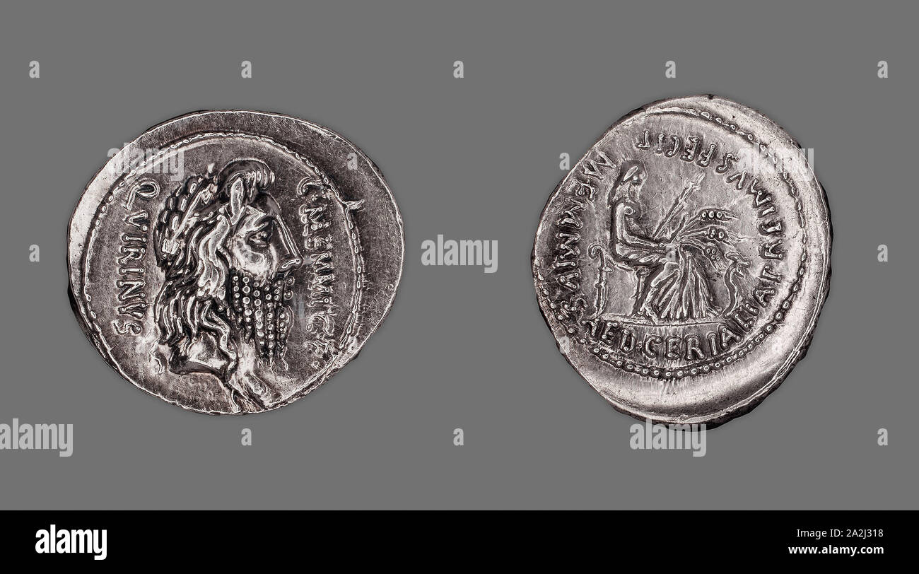 Denarius (Coin) Depicting the God Quirinus, 60 BC, issued by the Roman Republic, C. Memmius (moneyer), Roman, minted in Rome, Rome, Silver, Diam. 2.1 cm, 4.03 g Stock Photo