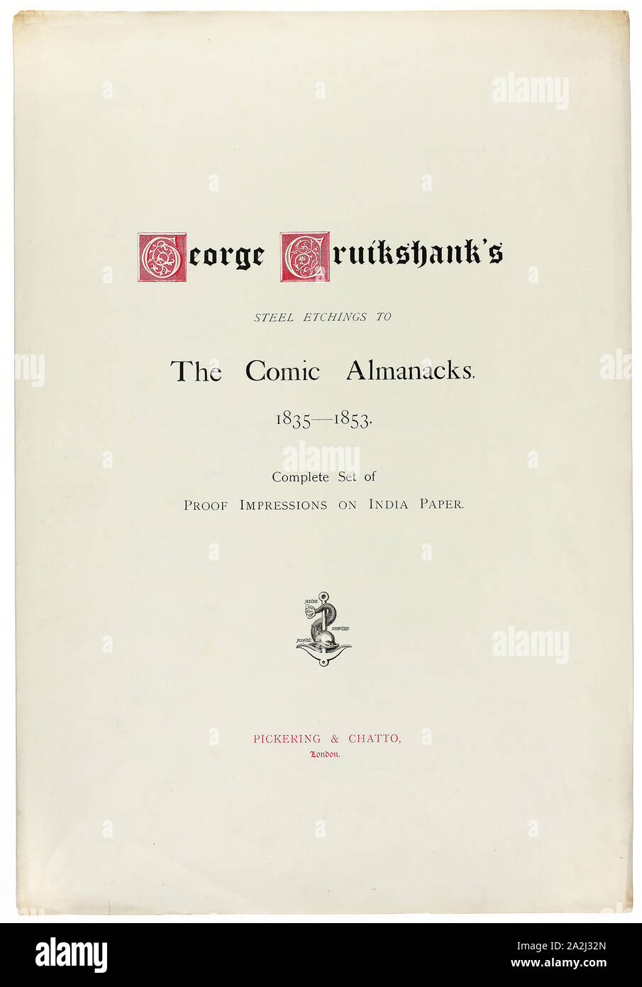 Title Page from George Cruikshank’s Steel Etchings to The Comic Almanacks: 1835-1853, c. 1880, George Cruikshank (English, 1792-1878), published by Pickering & Chatto (English, 19th century), England, Letterpress in red and black on cream wove paper, folded, 507 × 345 mm Stock Photo
