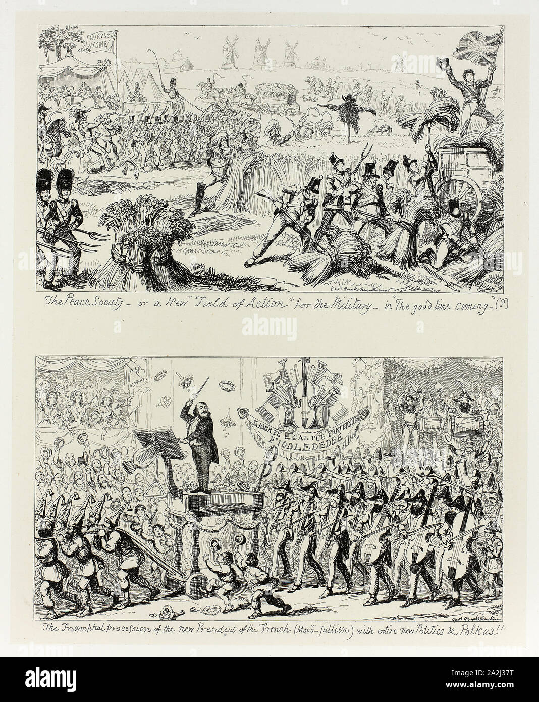 The Peace Society, or a New Field of Action for the Military, in The Good Time Coming from George Cruikshank’s Steel Etchings to The Comic Almanacks: 1835-1853 (top), 1852, printed c. 1880, George Cruikshank (English, 1792-1878), published by Pickering & Chatto (English, 19th century), England, Two steel etchings in black on cream India paper, laid down on off-white card (chine collé), 200 × 163 mm (primary support), 344 × 252 mm (secondary support Stock Photo