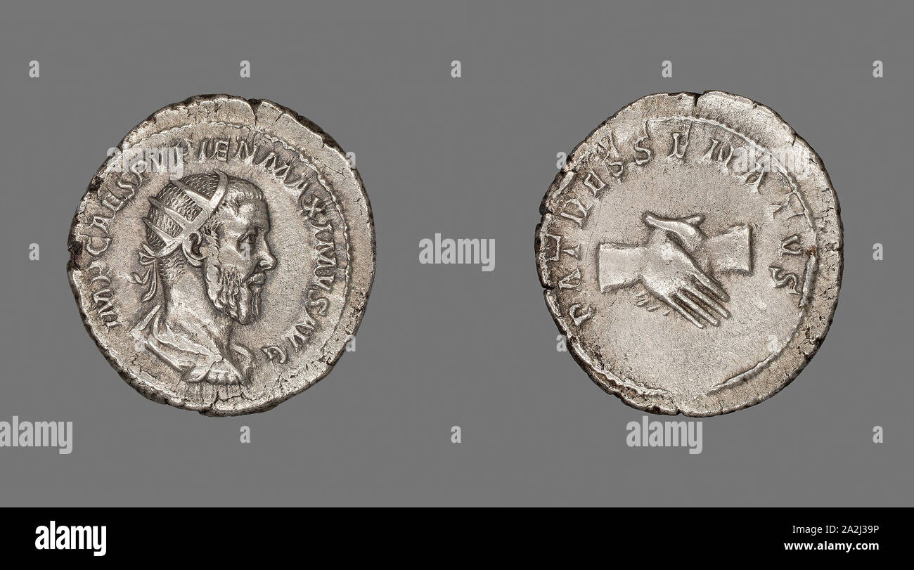 Antoninianus (Coin) Portraying Emperor Pupienus, AD 238 (April/June), issued by Balbinus and Pupienus, coemperors, Roman, minted in Rome, Rome, Silver, Diam. 2.4 cm, 4.49 g Stock Photo