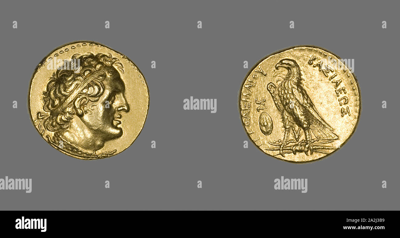 Pentadrachm (Coin) Portraying King Ptolemy I Soter, 285/247 BC, issued by King Ptolemy II Philadelphos, Greek, minted in Cyprus, Cyprus, Gold, Diam. 2.4 cm, 17.82 g Stock Photo