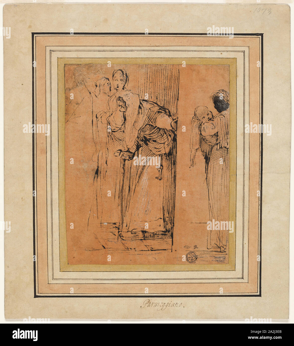 Old Woman with Cane in Door, with Black Maid Holding Child, and Other Figures, c. 1580, Follower of Francesco Mazzola, called Parmigianino, Italian, 1503-1540, Italy, Pen and brown ink, heightened with lead white (partly oxidized), on cream laid paper prepared with salmon wash, laid down on ivory laid card, 175 x 143 mm (max Stock Photo