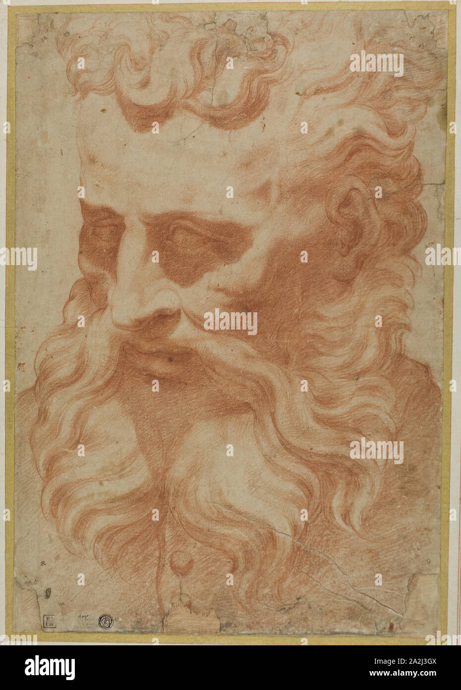 Head of God the Father, n.d., Attributed to Daniele Ricciarelli, called Daniele da Volterra, Italian, 1509-1566, Italy, Red chalk on ivory laid paper, laid down on board, 419 x 290 mm Stock Photo