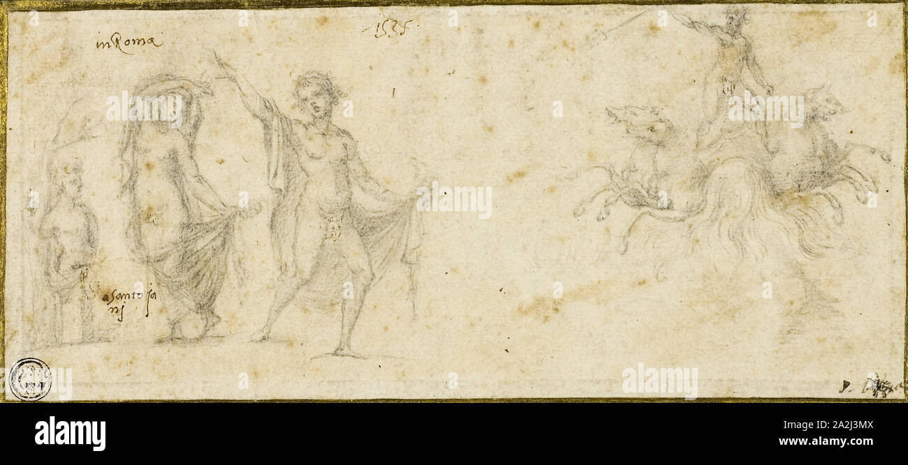 Sketches after the Antique: Bacchic Revels, Neptune in His Chariot, c. 1535, Pirro Ligorio, Italian, c. 1513-1583, Italy, Black chalk, with pen and brown ink, on ivory laid paper, laid down on cream laid paper, 93 x 212 mm Stock Photo