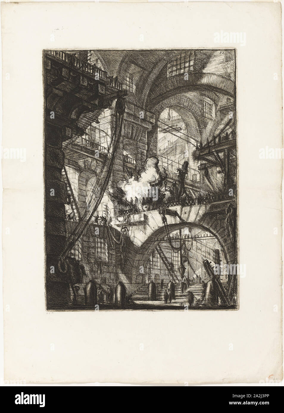 The Smoking Fire, plate 6 from Imaginary Prisons, 1761, Giovanni Battista Piranesi, Italian, 1720-1778, Italy, Etching and engraving on heavy ivory laid paper, 537 x 394 mm (image), 544 x 401 mm (plate), 787 x 577 mm (sheet Stock Photo