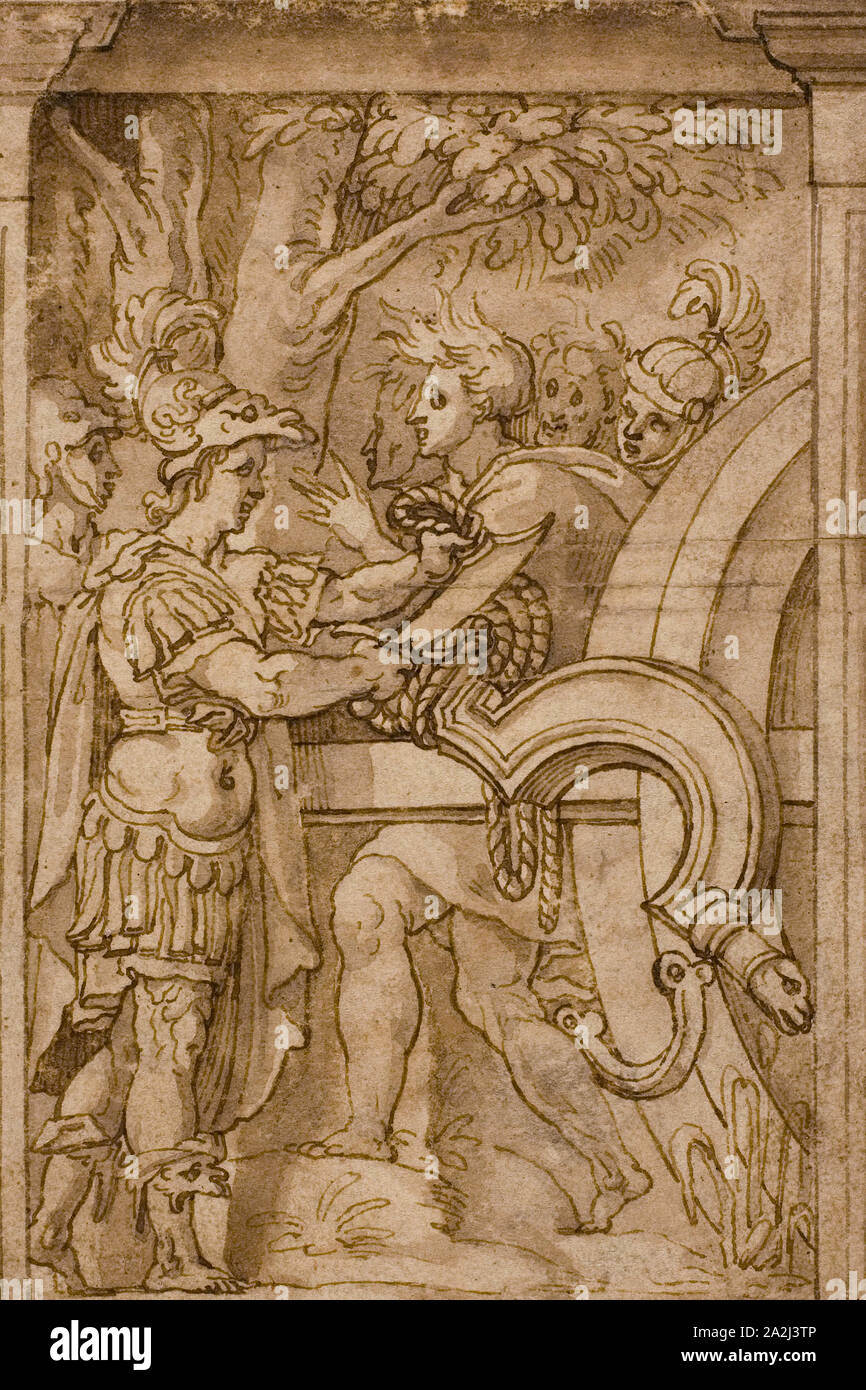 Alexander Cutting the Gordian Knot, n.d., After Maturino da Firenze (Italian, 1490-1527/1528), after Polidoro Caldara, called Polidoro da Caravaggio (Italian, c. 1499-c. 1543), Italy, Pen and brown ink with brush and brown wash, on cream laid paper, laid down on ivory laid paper, 125 x 84 mm Stock Photo