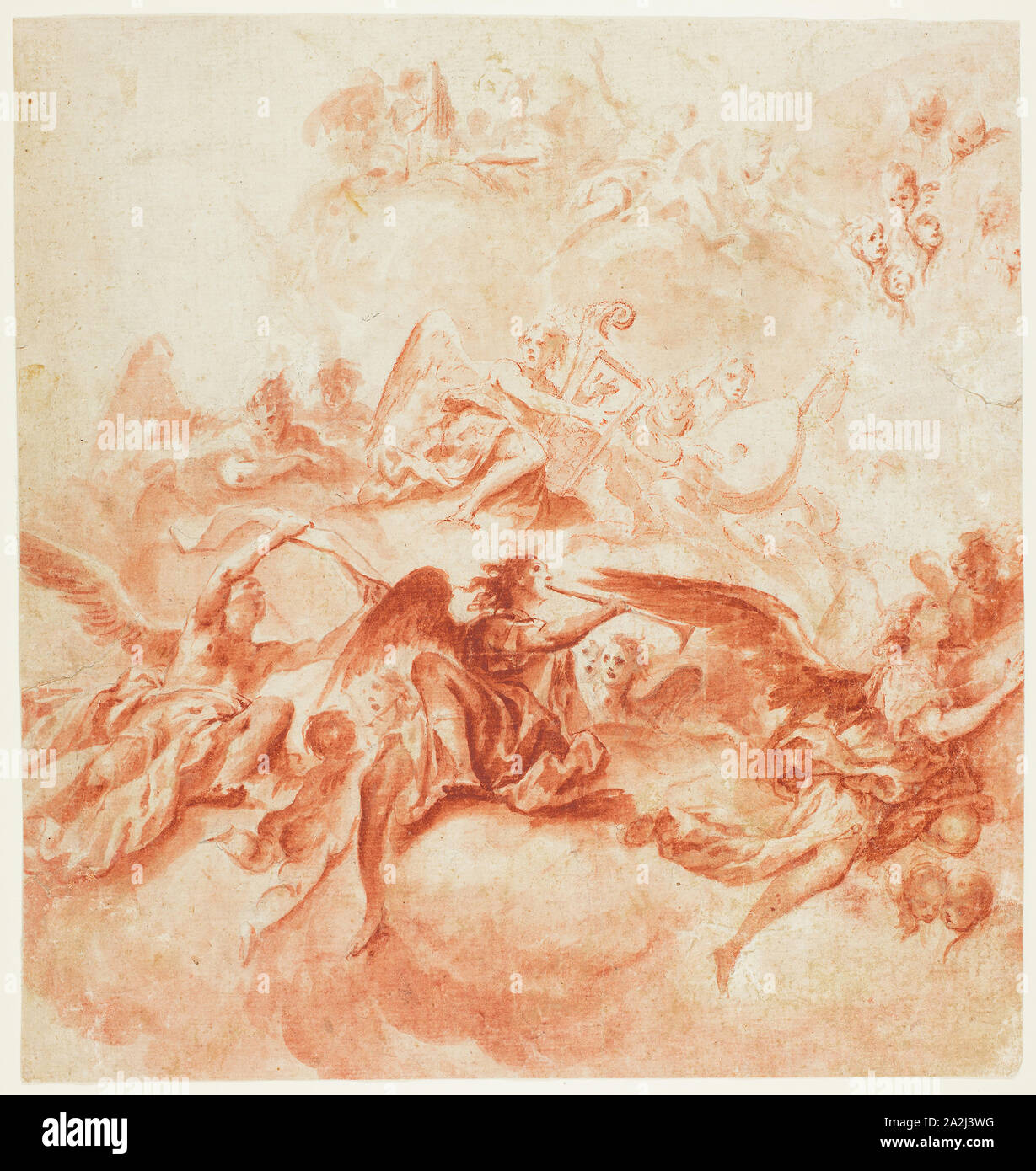 Music-Making Angels, n.d., Possibly attributed to Vittorio Maria Bigari (Italian, 1692-1776), or Giacomo Guerrini (Italian, 1718-1793), Italy, Red chalk, with brush and red chalk wash, over traces of black chalk, on ivory laid paper, 321 x 303 mm Stock Photo