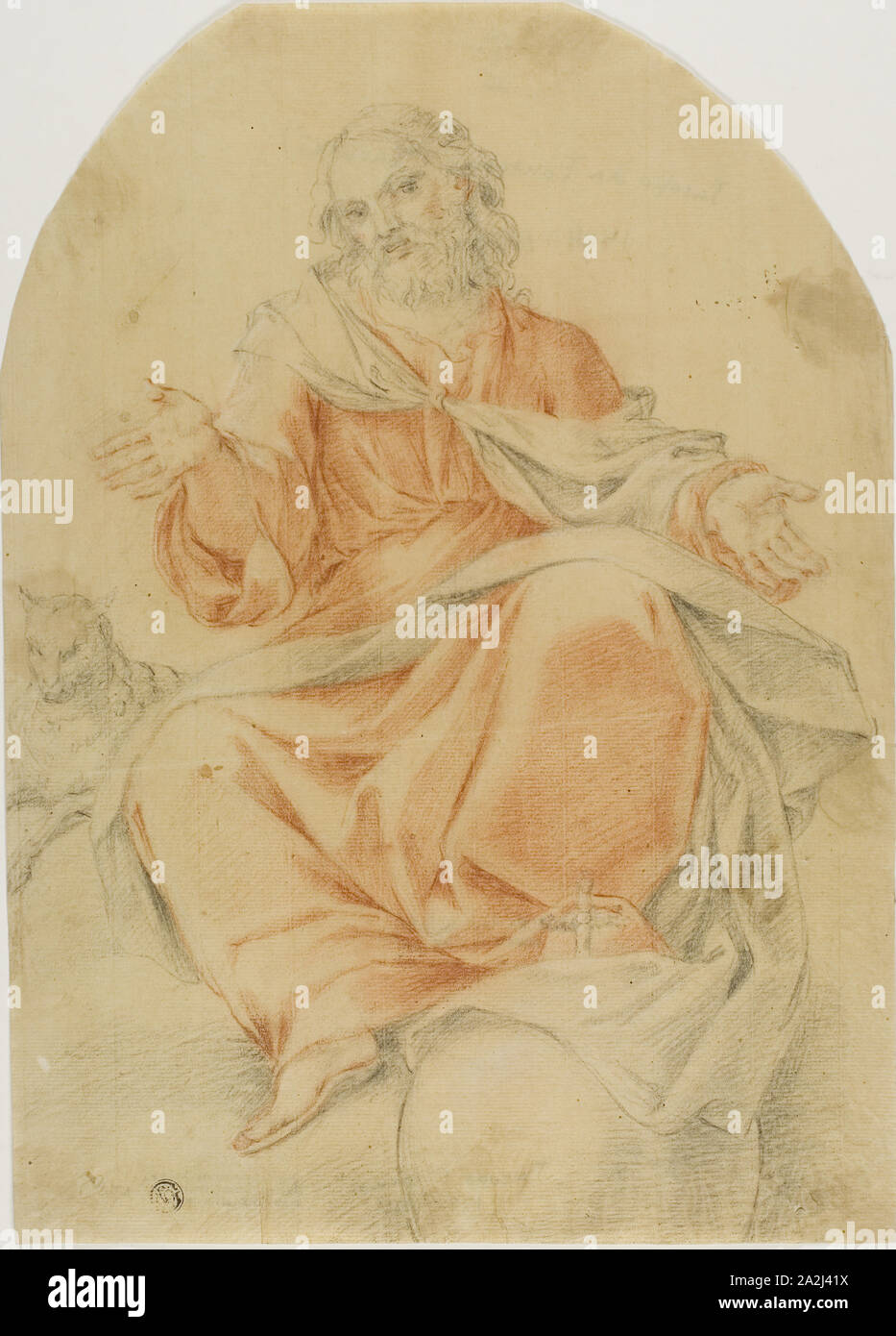 Christ as Salvator Mundi with Lamb, n.d., Jacopo Carucci, called Jacopo da Pontormo, Italian, 1494-1557, Italy, Red chalk and black chalk on cream laid paper, 351 x 253 mm, The Blessed Riniero Preaching to Followers, 1618/22, Giacomo Cavedone, Italian, 1577-1660, Italy, Pen and brown ink, with brush and brown wash, over red chalk, heightened with white chalk, on brown laid paper, laid down, 273 x 188 mm Stock Photo