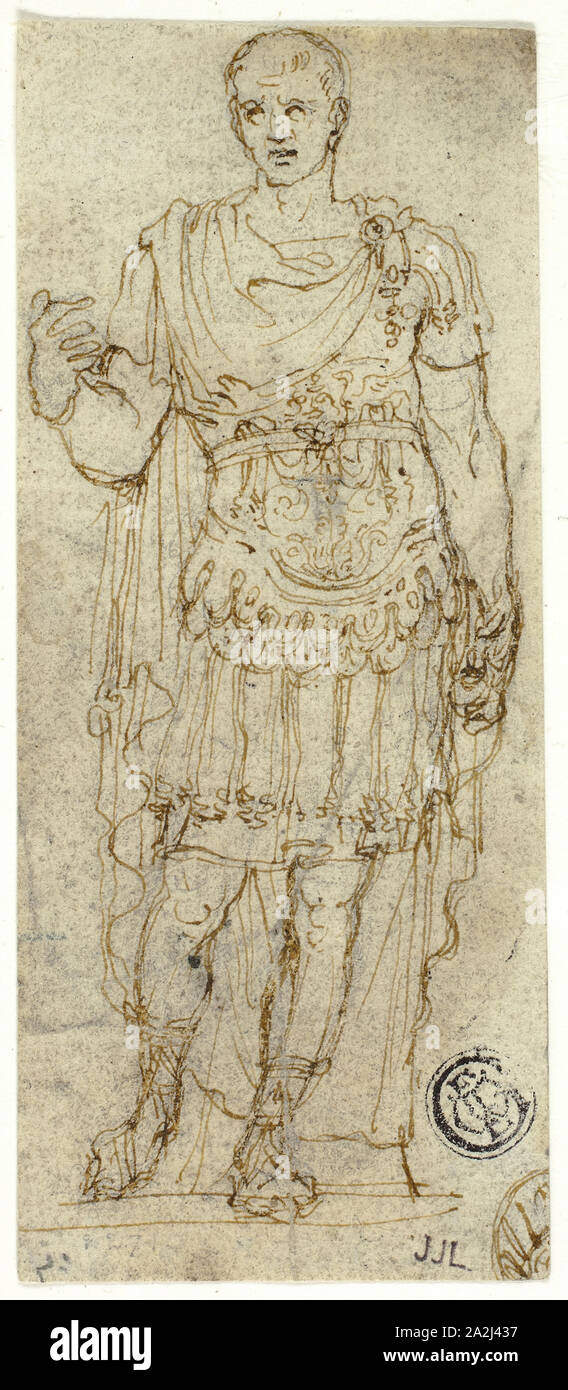 Statue of Augustus Caesar (recto and verso), n.d. (recto), Late 16th c. (verso), Italian, Roman, Late 16th century, Italy, Pen and brown ink over traces of black chalk (recto) and pen and blue ink (verso), on ivory laid paper, with incising, 117 x 49 mm Stock Photo