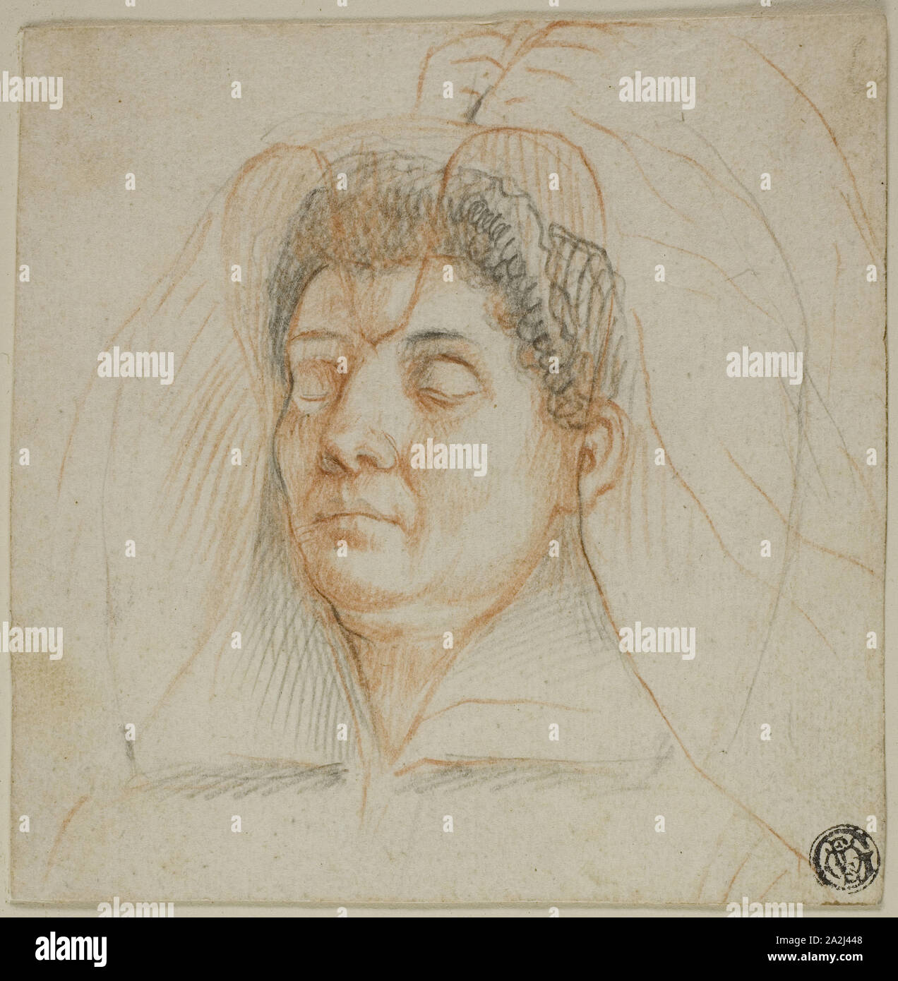 Death Mask of a Woman, c. 1605, Circle of Lavinia Fontana, Italian, 1552-1614, Italy, Black and red chalk, on ivory laid paper, laid down on ivory wove paper, 129 x 127 mm (max Stock Photo