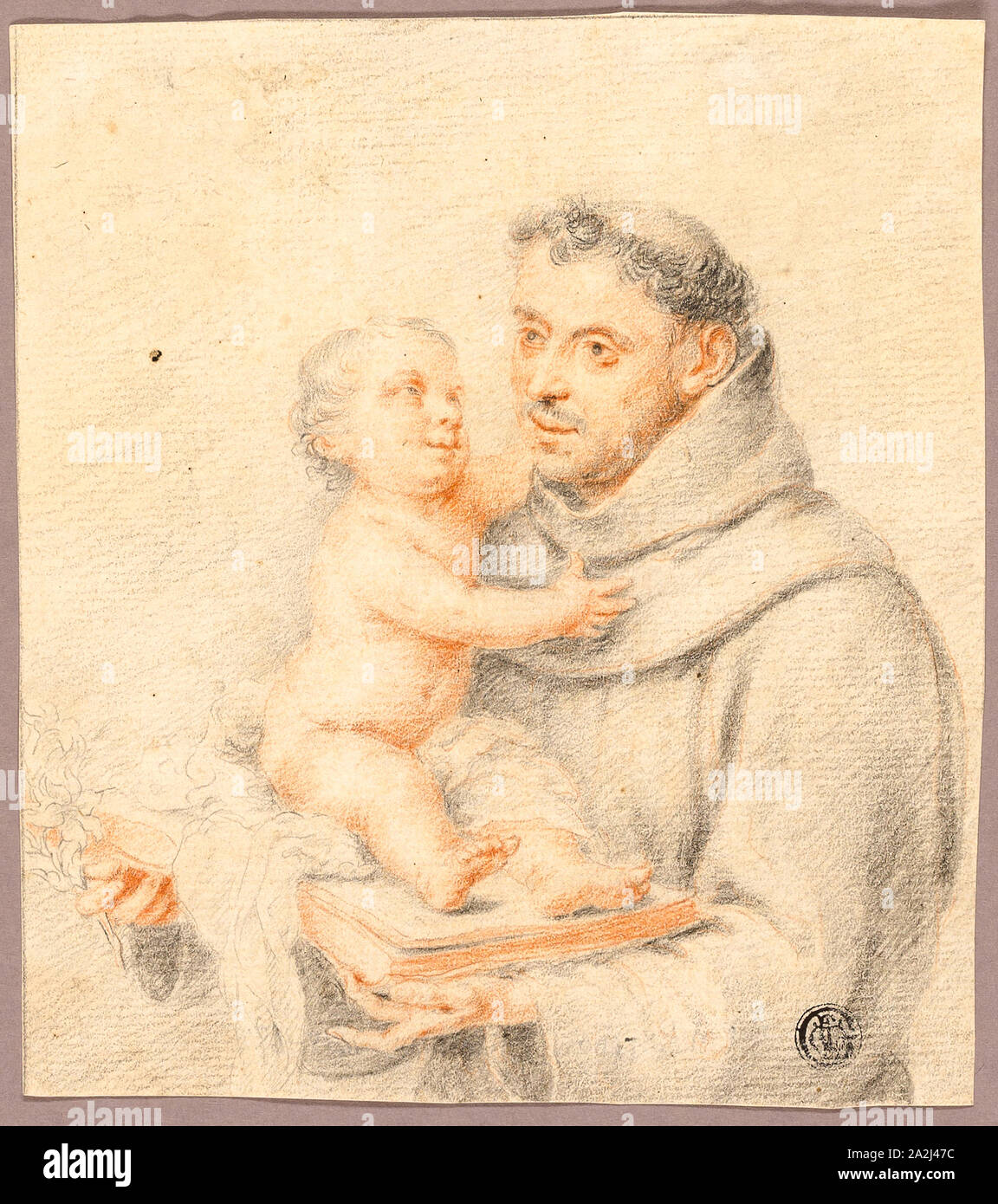 Saint Anthony of Padua, n.d., Possibly after Bartolomé Estéban Murillo, Spanish, 1618-1682, Spain, Black chalk and red chalk on ivory laid paper, 166 x 148 mm Stock Photo