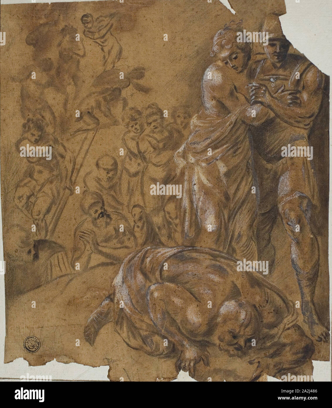 Return of Agamemnon, 18th century, After Francesco Primaticcio, Italian, 1504-1570, Italy, Black chalk with brush and brown wash, heightened with lead white (partly oxidized), on tan laid paper, laid down on ivory laid paper, 229 x 198 mm (max Stock Photo
