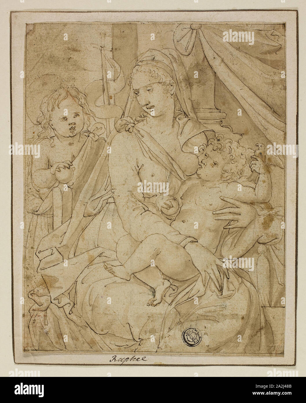 Virgin and Child with the Infant John the Baptist, 1540/56, Luca Penni, Italian, 1500/04-1557, Italy, Pen and brown ink with brush and brown wash, on ivory laid paper, tipped onto ivory laid paper, later additions of brown ink, 170 x 134 mm Stock Photo