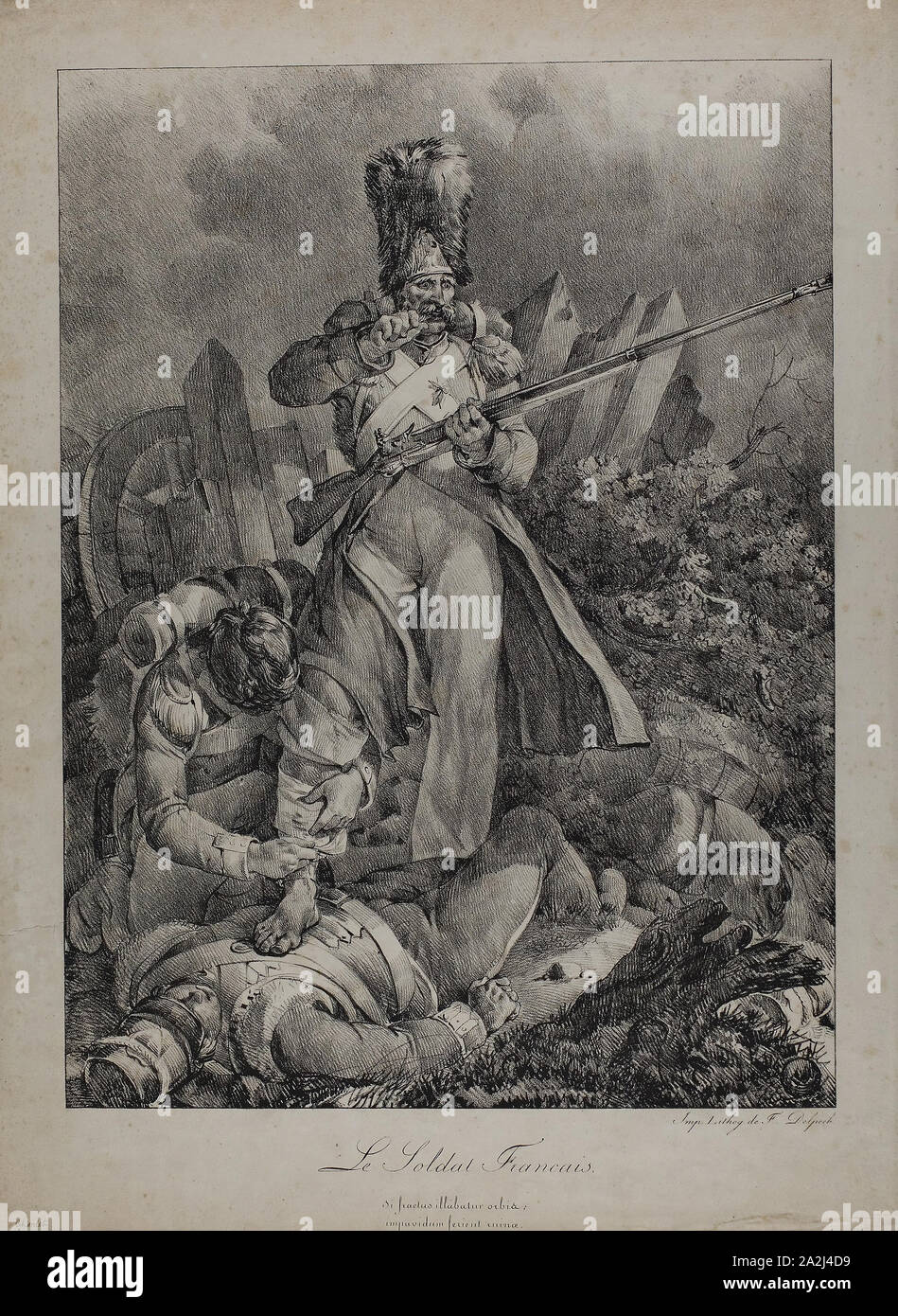 The French Soldier, 1818/19, Nicolas Toussaint Charlet, French, 1792-1845, France, Lithograph in black on cream wove paper, 458 × 339 mm (image), 544 × 401 mm (sheet Stock Photo