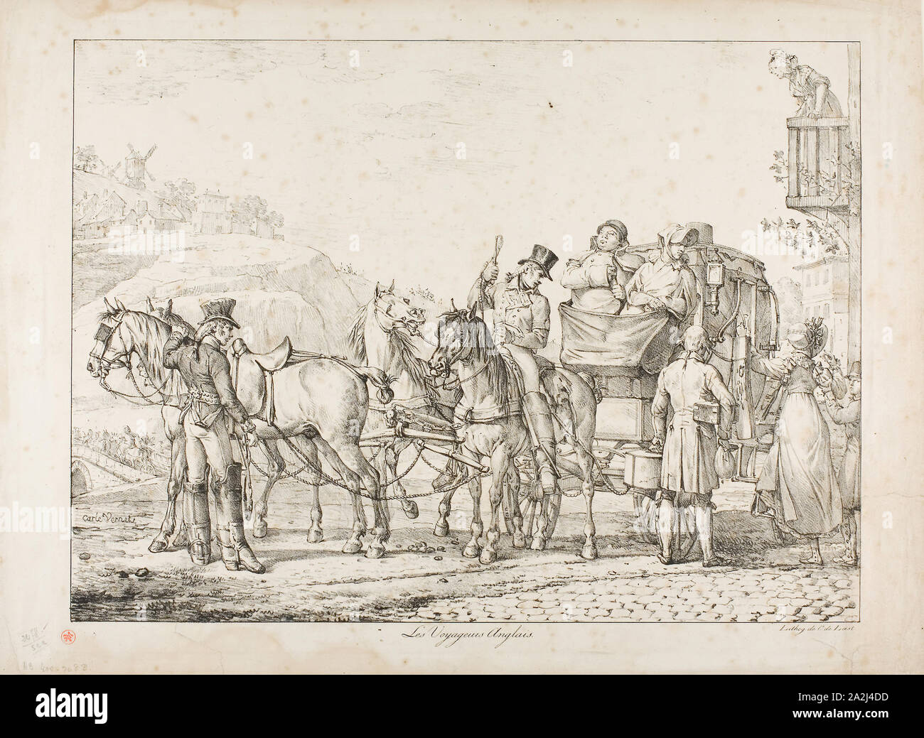 English Travellers, 1815–25, Carle Vernet (French, 1758-1836), printed by Comte Charles Philibert de Lasteyrie (French, 1759-1849), France, Lithograph in black on ivory wove paper, 341 × 462 mm (image), 401 × 548 mm (sheet Stock Photo