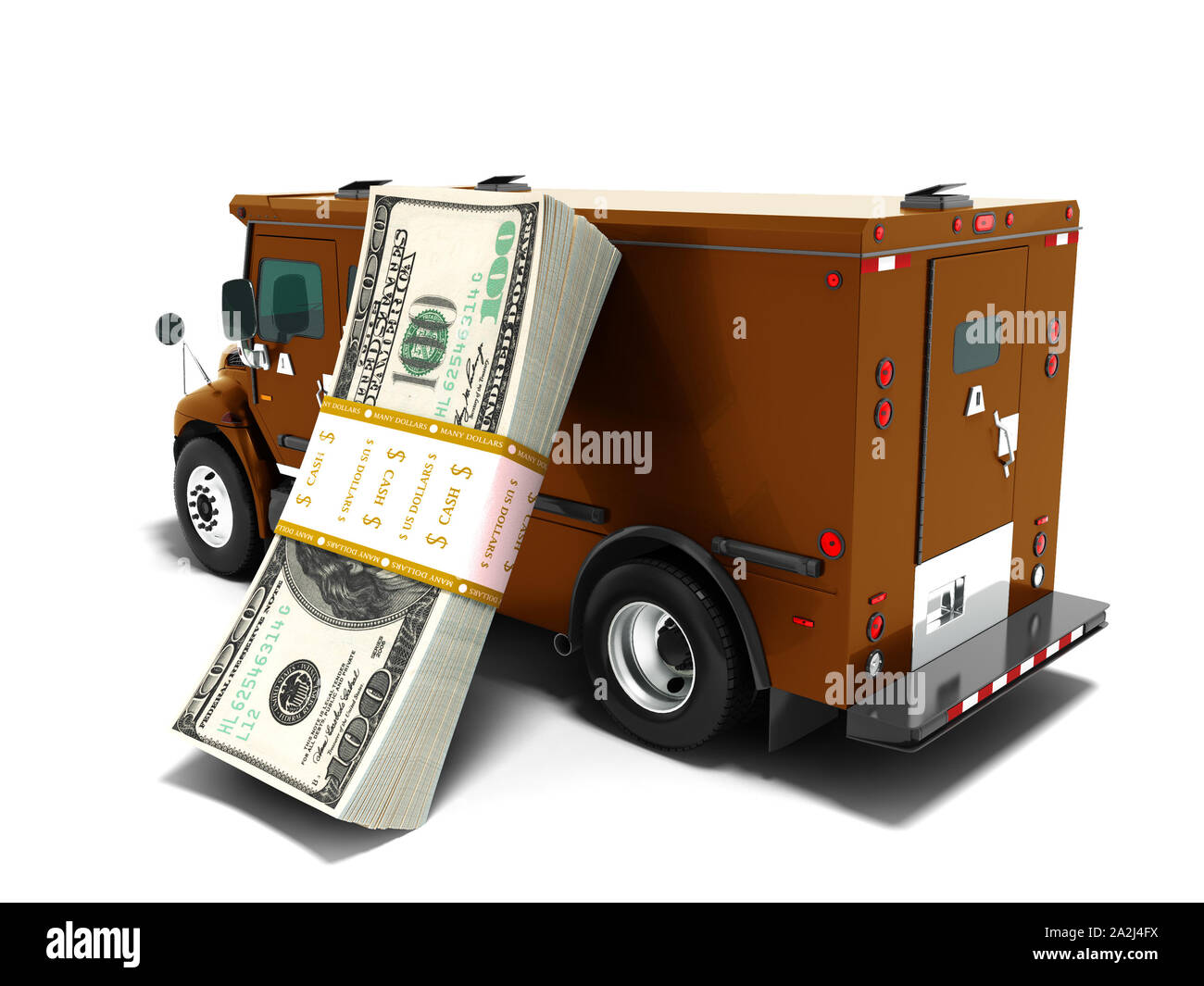Modern transport concept stack of dollars in brown cargo bank with armored car, side view 3d render on white background with shadow Stock Photo