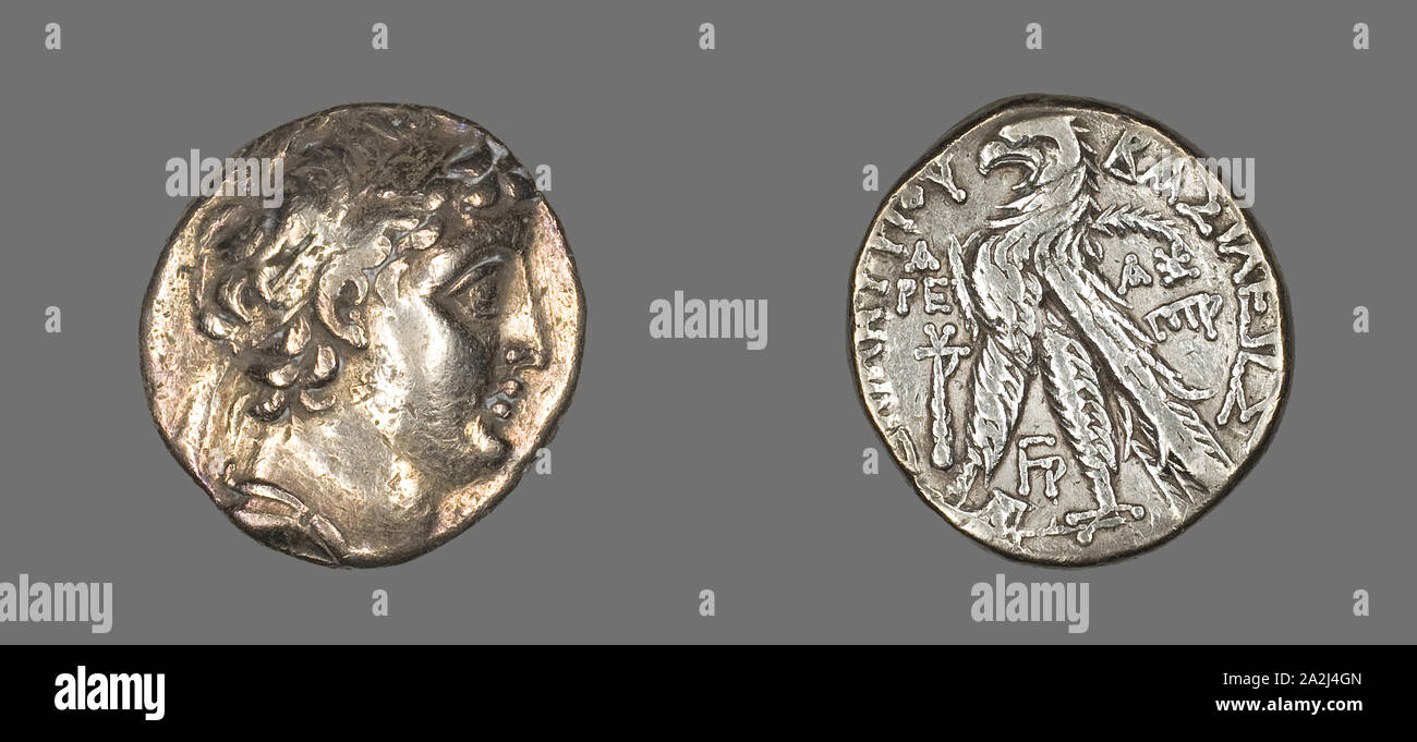 Tetradrachm (Coin) Portraying Demetrius II Nikator of Syria, 130/129 BC, Reign of Demetrius II Nikator of Syria, 145–139 BC and 129–125 BC, Greek, minted in Tyre, Tyre, Silver, Diam. 2.6 cm, 14.05 g Stock Photo