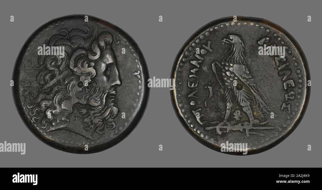Coin Depicting the God Zeus, 247/222 BC, issued by Ptolemy III, Greek, minted in Alexandria, Ancient Greece, Bronze, Diam. 4.3 cm, 74.29 g Stock Photo