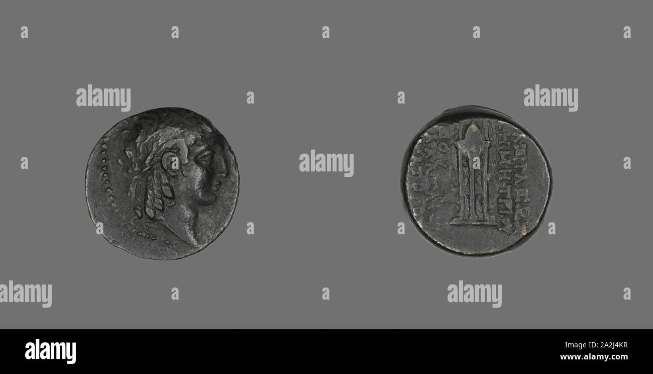 Coin Depicting the God Apollo, 146/139 BC, issued by of Demetrius II, Greek, Ancient Greece, Bronze, Diam. 1.9 cm, 5.57 g Stock Photo