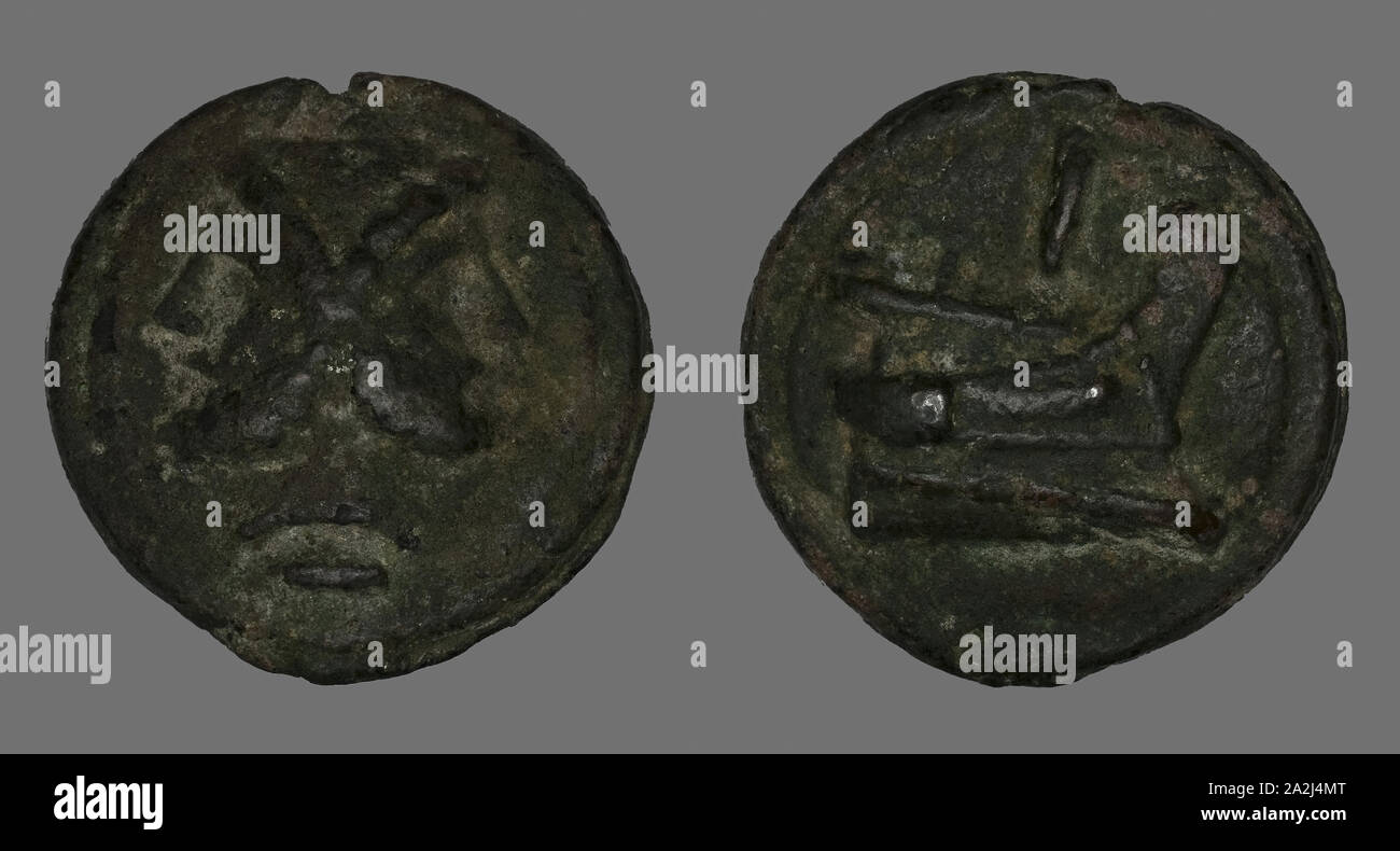 As (Coin) Depicting the God Janus, 225/217 BC, Roman, minted in Rome, Italy, Bronze, Diam. 6.3 cm, 261.10 g Stock Photo