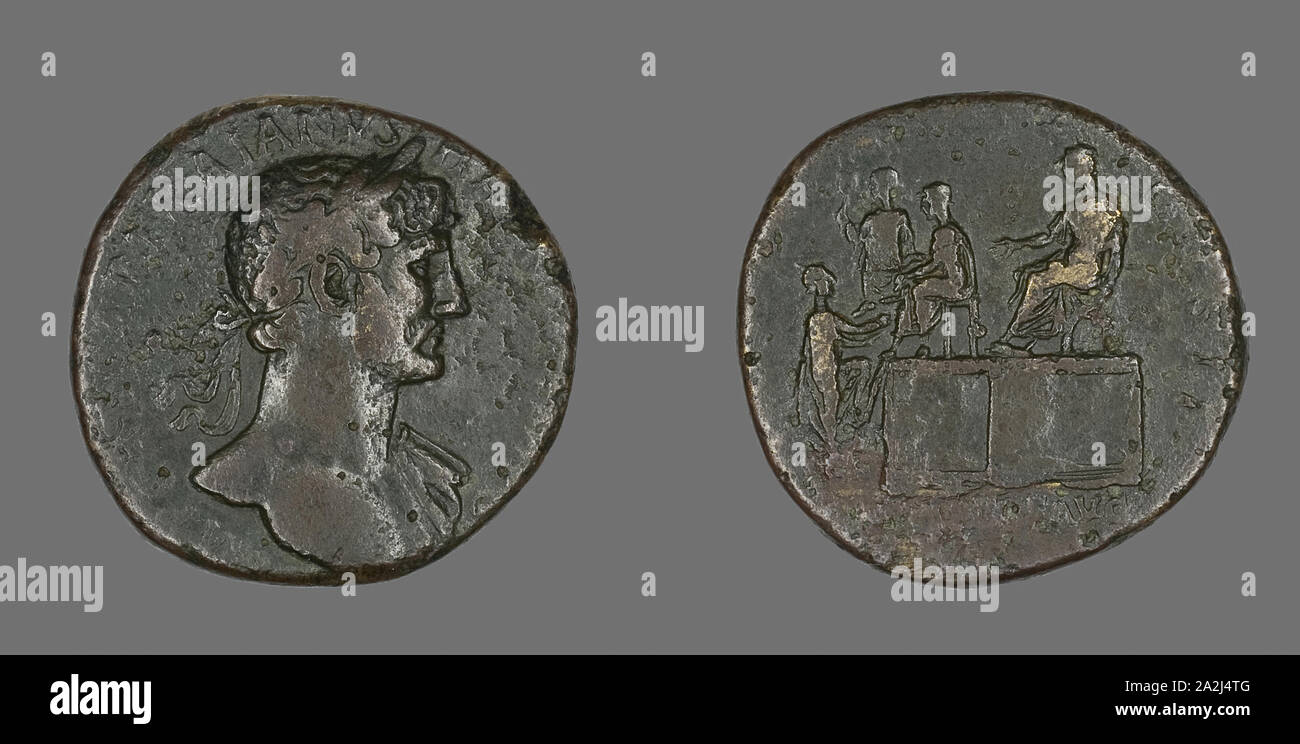 Coin Portraying Emperor Hadrian, AD 118, Roman, Roman Empire, Bronze, Diam. 3.1 cm, 22.42 g Stock Photo