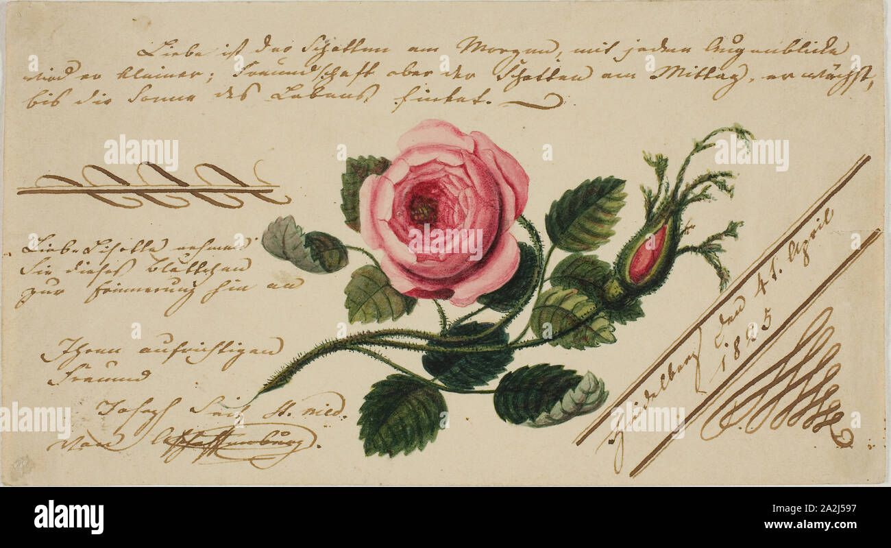 Untitled Valentine (Pink Flower), 1825, Unknown Artist, German, 19th century, Germany, Watercolor and pen and brown ink on buff wove paper, 78 x 142 mm (folded sheet Stock Photo
