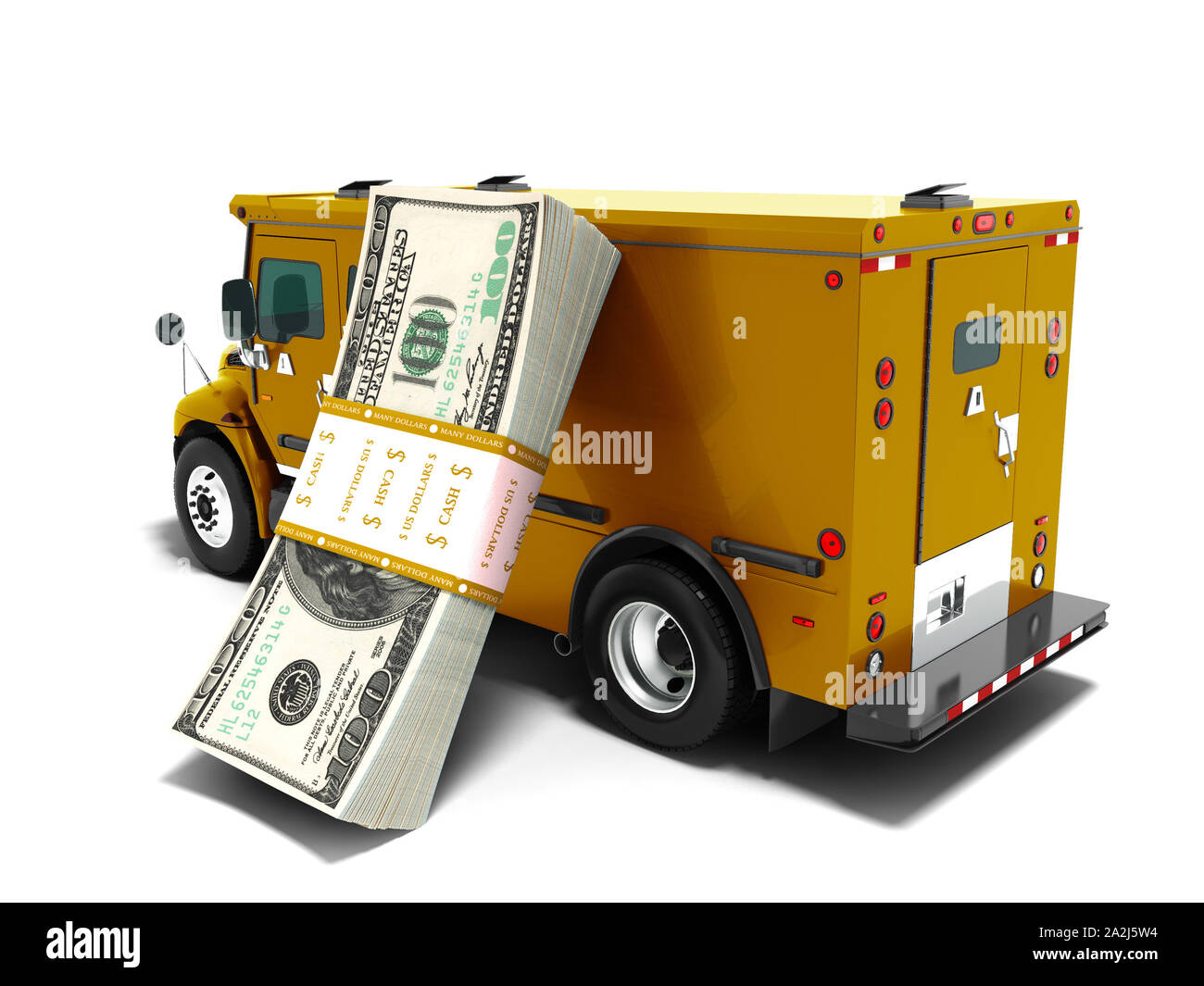 Modern transport concept stack of dollars in dark orange cargo bank with an armored car, side view 3d render on white background with shadow Stock Photo