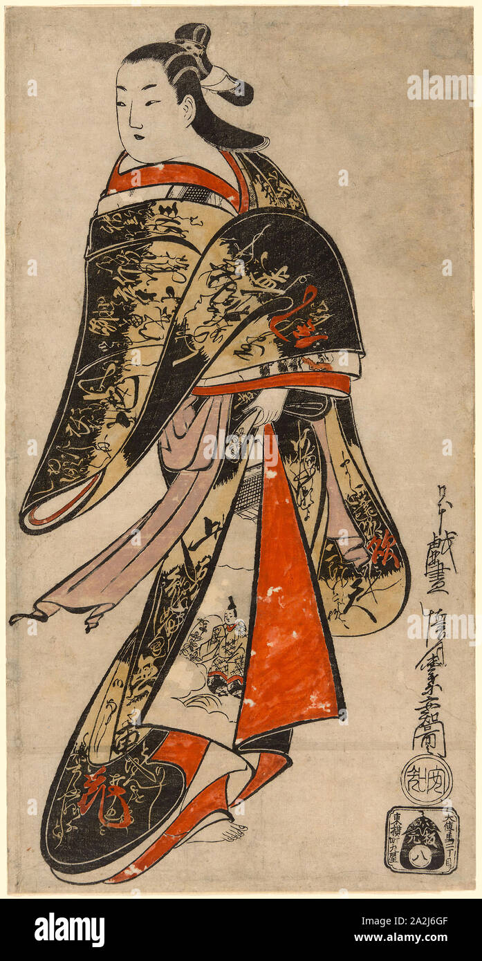 Courtesan Walking, c. 1714, Kaigetsudo Anchi, Japanese, active c. 1704–16, Japan, Hand-colored woodblock print, tan-e, vertical o-oban, 55.2 × 28.8 cm Stock Photo