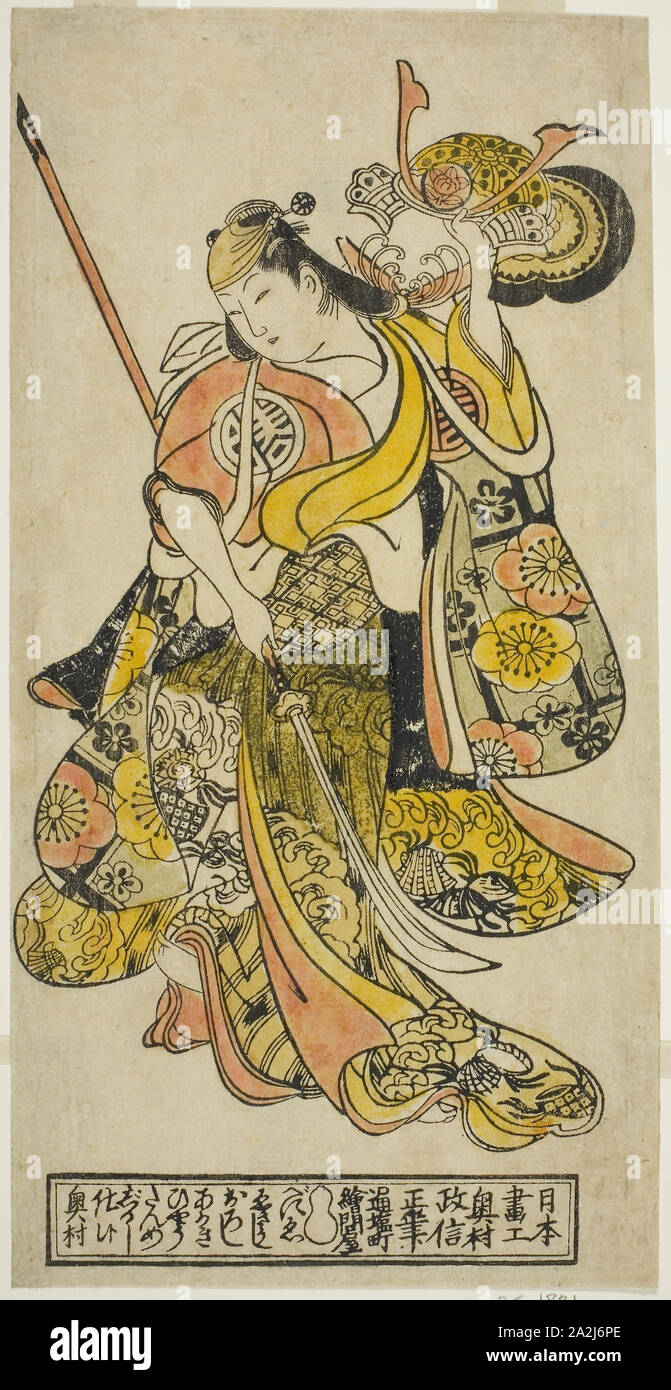 The Actor Hayakawa Shinkatsu as Toyohime in the play Goshozome Koyo Gunki, performed at the Ichimura Theater in the eleventh month, 1727 (?), c. 1727, Okumura Masanobu, Japanese, 1686-1764, Japan, Hand-colored woodblock print, hosoban, urushi-e, 30.5 x 15.4 cm Stock Photo