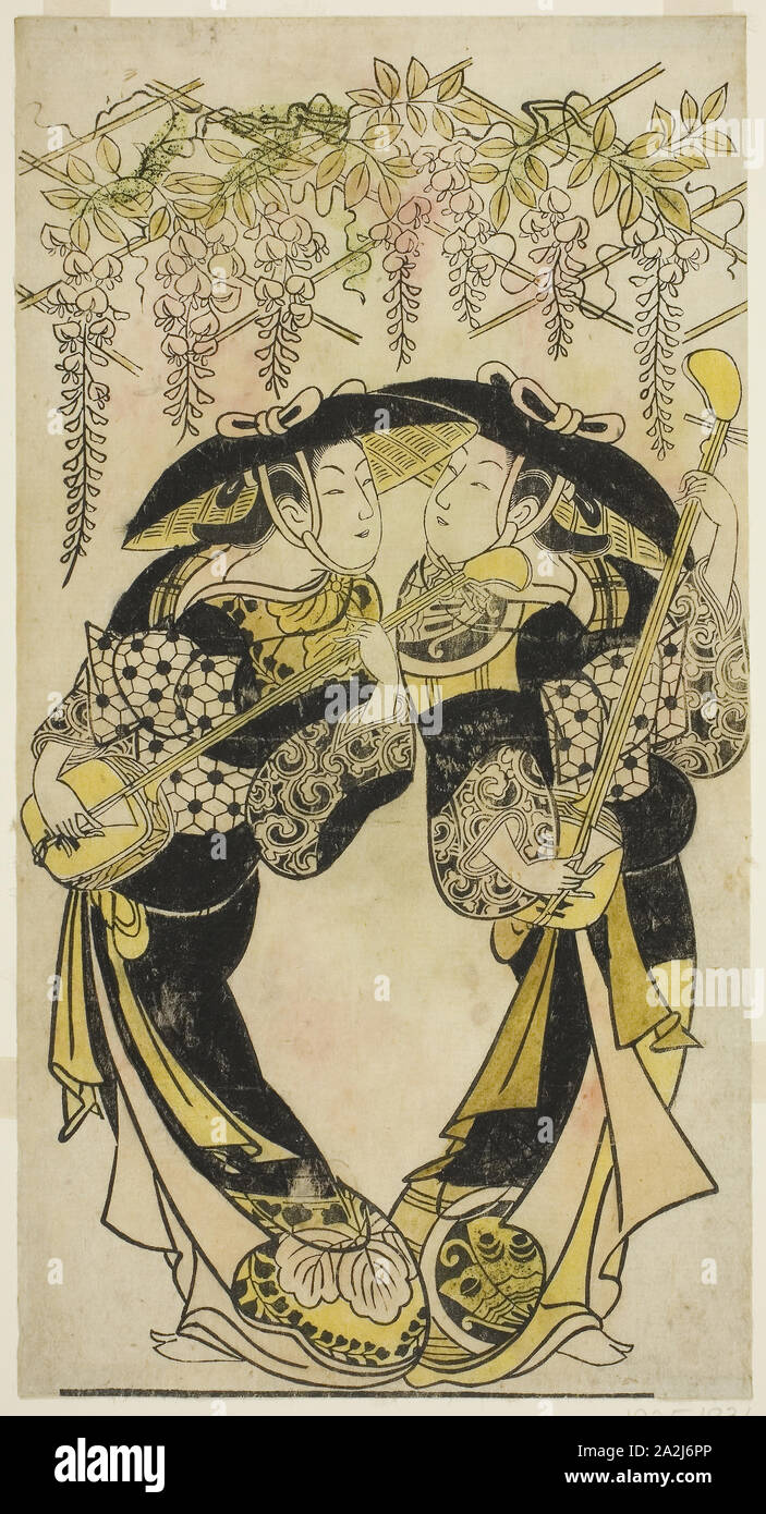 The Actors Sanjo Kantaro (right) and Fujimura Handayu (left) as musicians playing under wisteria, c. 1717/18, Japanese, 18th century, Japan, Hand-colored woodblock print, hosoban, urushi-e, 29.9 x 15.8 cm Stock Photo