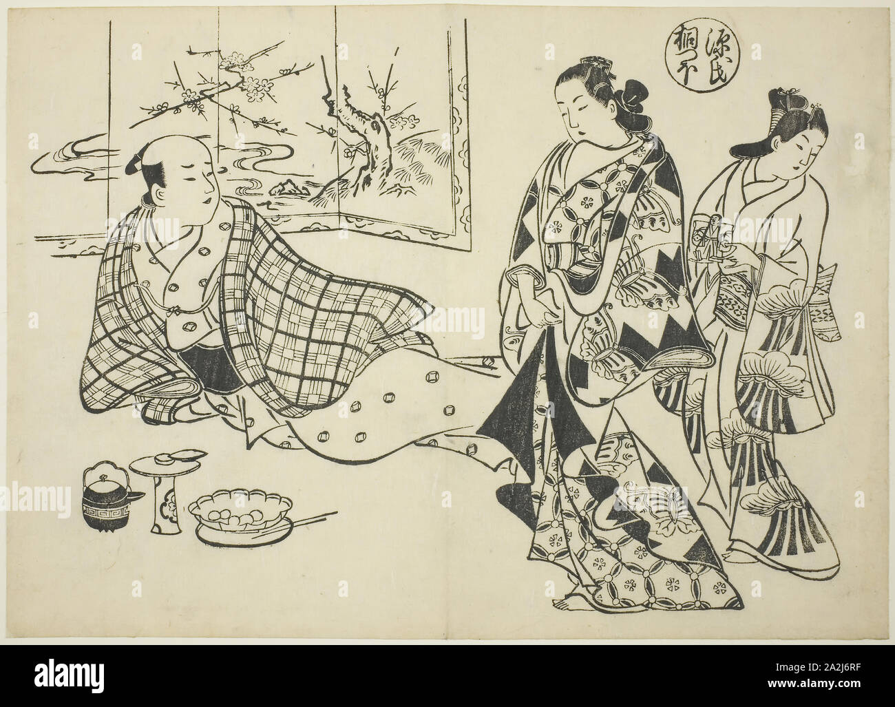 The Kiritsubo Chapter from The Tale of Genji (Genji Kiritsubo), from a series of Genji parodies, c. 1710, Okumura Masanobu, Japanese, 1686-1764, Japan, Woodblock print, oban, sumizuri-e, 37.3 x 38.3 cm Stock Photo