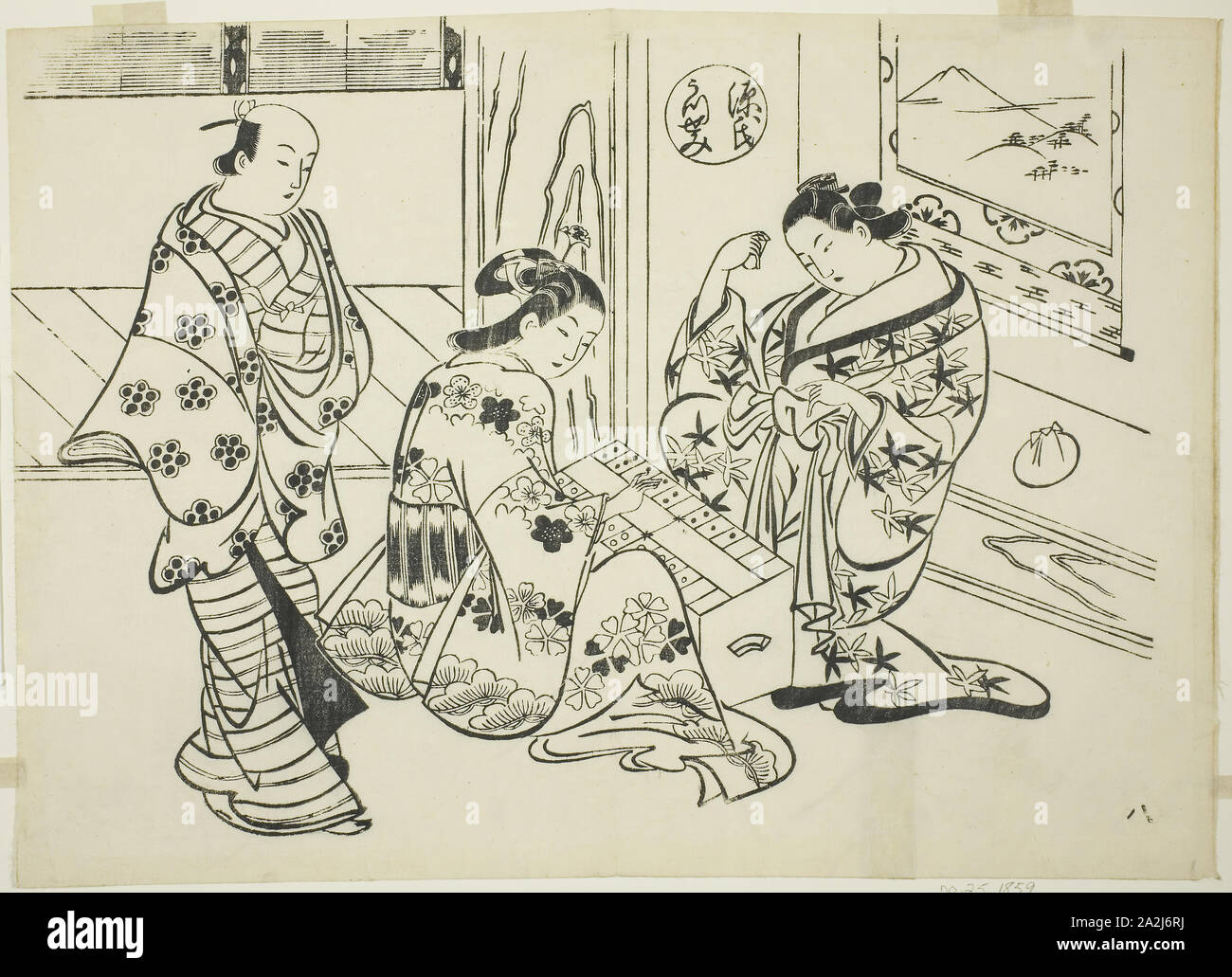 The Utsusemi Chapter from The Tale of Genji (Genji Utsusemi), from a series of Genji parodies, c. 1710, Okumura Masanobu, Japanese, 1686-1764, Japan, Woodblock print, oban, sumizuri-e, 27.3 x 38.7 cm Stock Photo