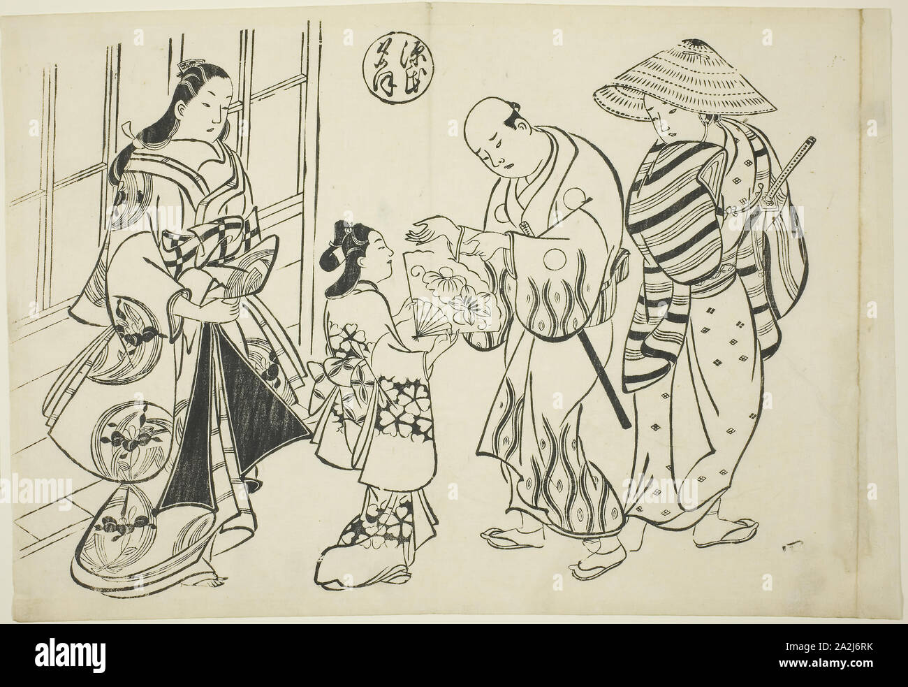 The Yugao Chapter from The Tale of Genji (Genji Yugao), from a series of Genji parodies, c. 1710, Okumura Masanobu, Japanese, 1686-1764, Japan, Woodblock print, oban, sumizuri-e, 27.3 x 39.6 cm Stock Photo