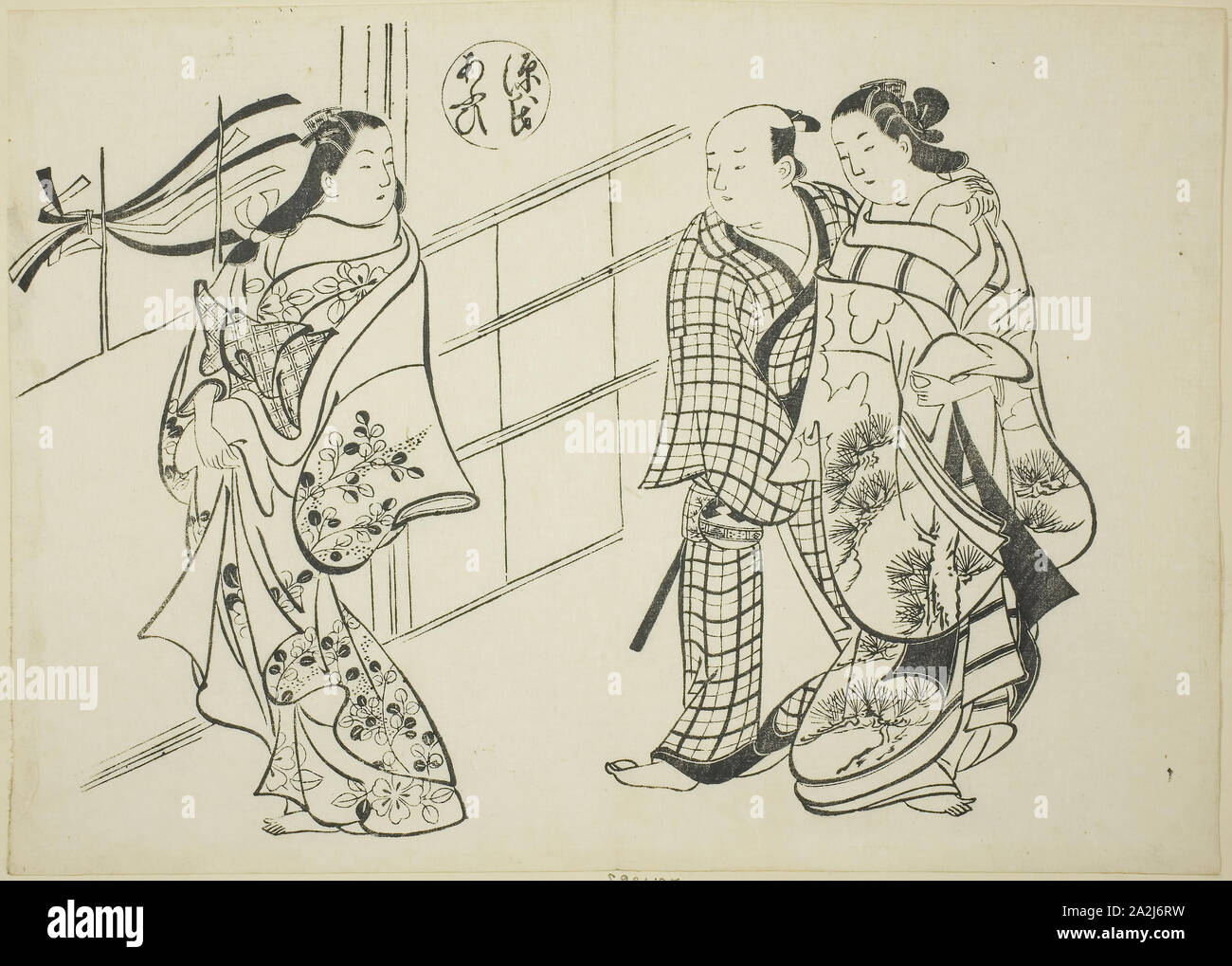 The Aoi Chapter from The Tale of Genji (Genji Aoi), from a series of Genji parodies, c. 1710, Okumura Masanobu, Japanese, 1686-1764, Japan, Woodblock print, oban, sumizuri-e, 27.2 x 38.0 cm Stock Photo