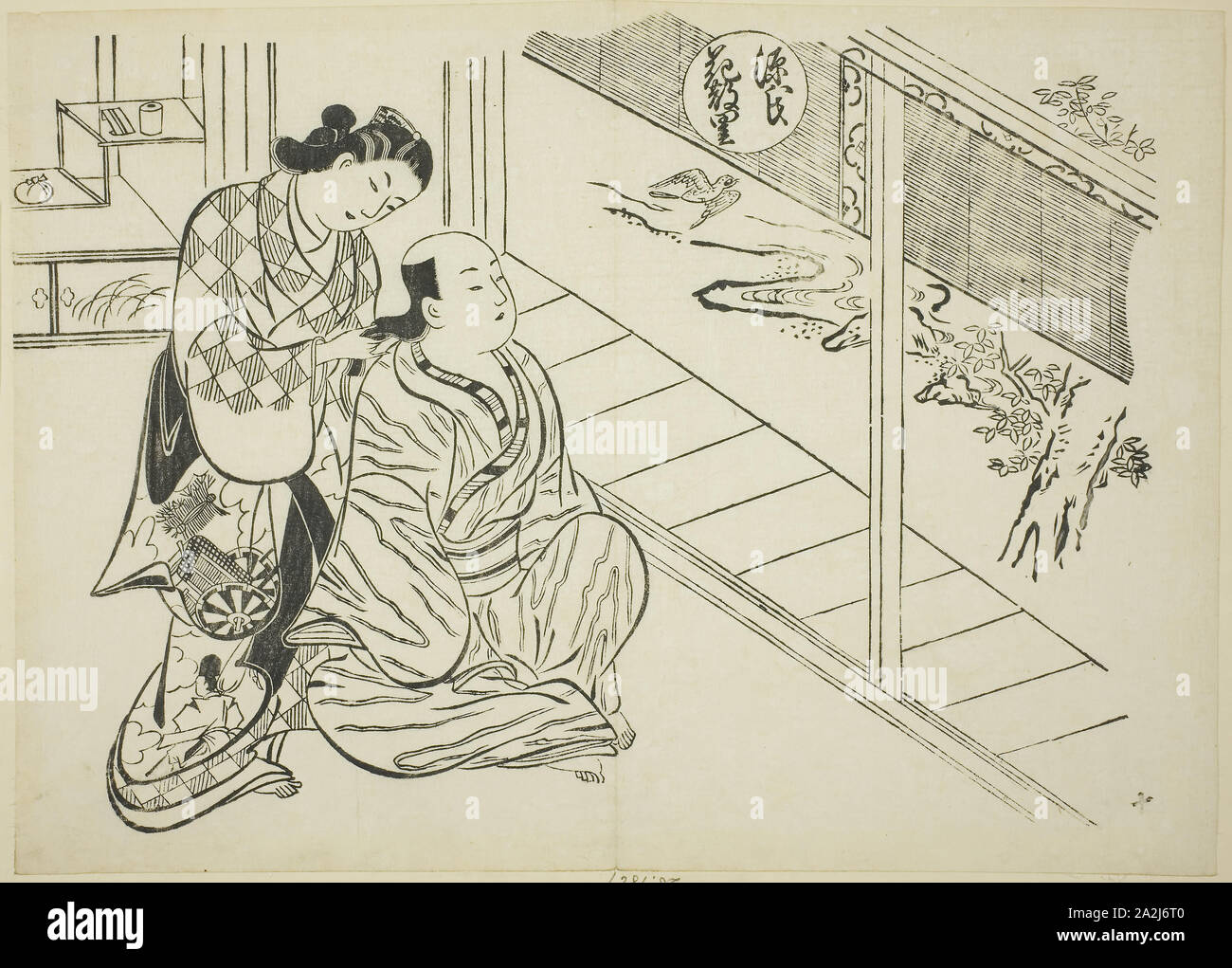 The Hanachirusato Chapter from The Tale of Genji (Genji Hanachirusato), from a series of Genji parodies, c. 1710, Okumura Masanobu, Japanese, 1686-1764, Japan, Woodblock print, oban, sumizuri-e, 27.3 x 37.9 cm Stock Photo