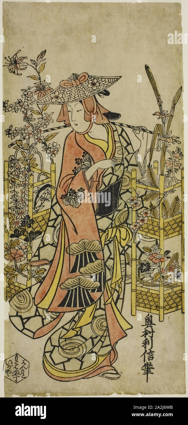 The Actor Hayakawa Hatsuse as a Flower Vendor, mid–1720s, Okumura Toshinobu, Japanese, active c. 1717-50, Japan, Hand-colored woodblock print, hosoban, urushi-e, 31.7 x 14.4 cm (12 1/2 x 5 3/4 in Stock Photo