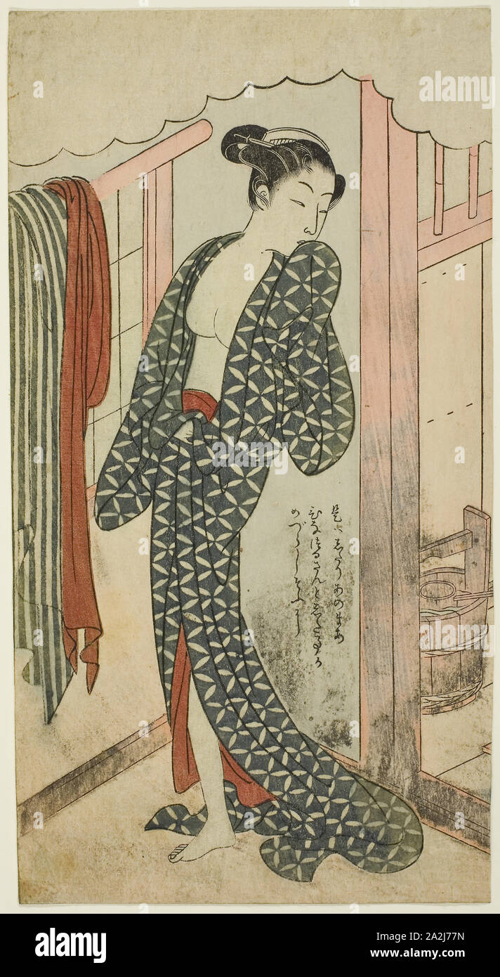 Woman in a Bathhouse, c. 1769/70, Suzuki Harunobu 鈴木 春信, Japanese, 1725 (?)-1770, Japan, Color woodblock print, cut from chuban sheet, 8 1/2 x 4 1/2 in Stock Photo