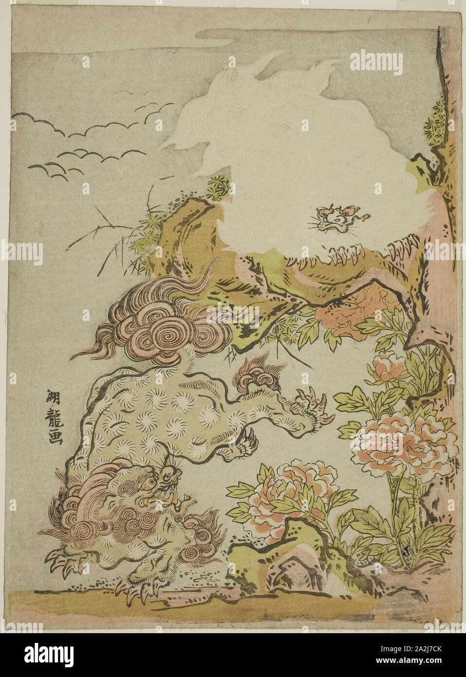 Chinese Lions and Peonies, c. 1772, Isoda Koryusai, Japanese, 1735-1790, Japan, Color woodblock print, chuban, 10 3/8 x 7 5/8 in., Gibbons Among Cherry Trees, late 19th century, Unidentified artist, Japanese, active 19th century, Japan, Two panel screen, ink and colors on silk, 168.5.0 x 166.4 cm (painting Stock Photo
