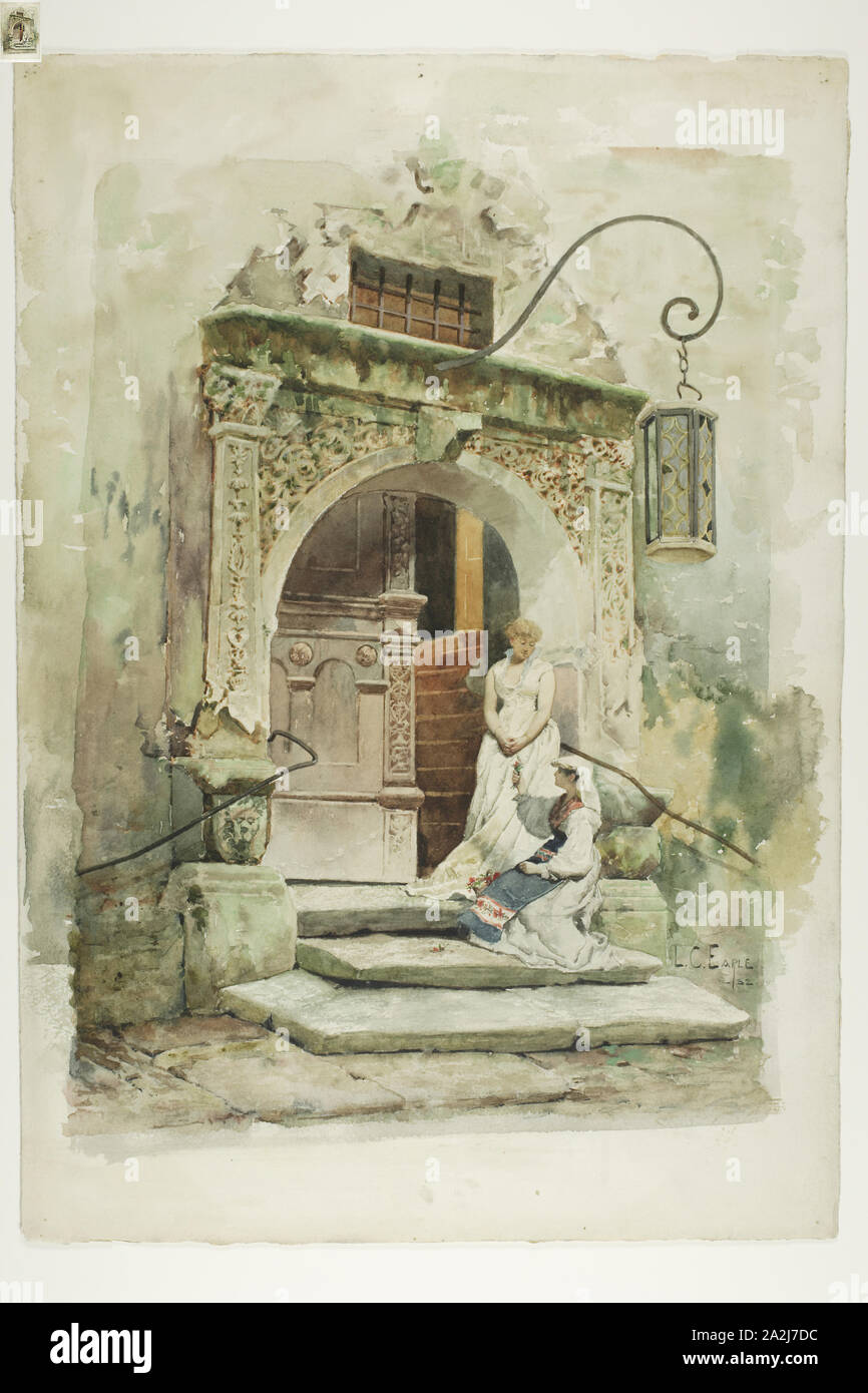 Two Women in a Doorway, 1882, Lawrence Carmichael Earle, American, 1845-1921, United States, Watercolor and gouache, over traces of graphite, on cream watercolor paper, laid down on wood-pulp board, 575 x 401 mm Stock Photo