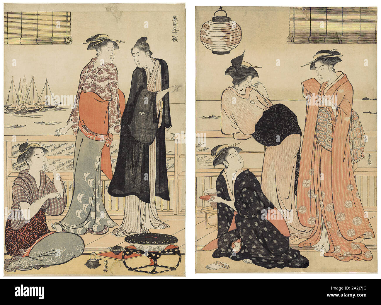 The Sixth Month, Enjoying the Evening Cool in a Teahouse, from the series The Twelve Months in the Southern Quarter (Minami jūni kō), About 1783, Torii Kiyonaga, Japanese, 1752-1815, Japan, Color woodblock prints, oban diptych, 39.1 x 52 cm (overall), 38.4 x 26.0 cm (right sheet), 39.1 x 26.0 cm (left sheet Stock Photo
