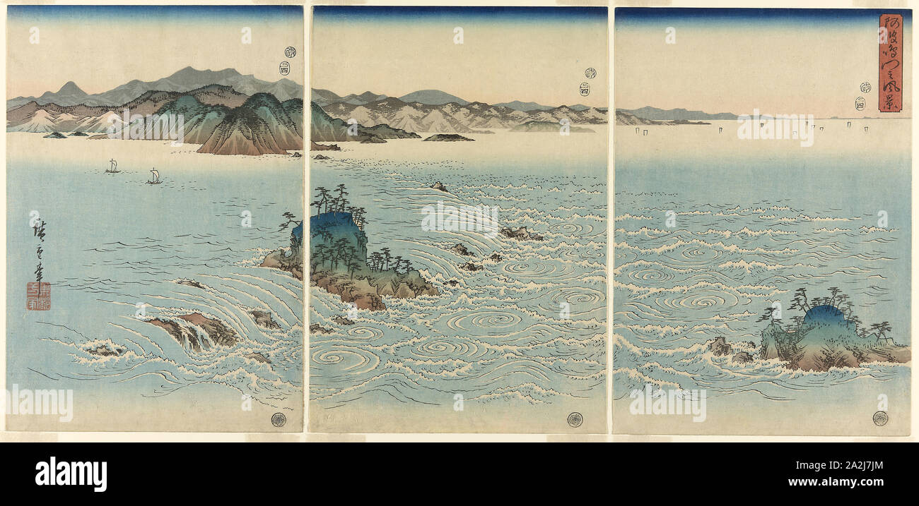The Whirlpools in Naruto Strait, Awa Province (Awa Naruto no fukei), 1857, Utagawa Hiroshige 歌川 広重, Japanese, 1797–1858, Japan, Color woodblock prints, oban triptych, Each sheet: 36.1 x 25.1 cm (14 3/16 x 9 7/8in Stock Photo