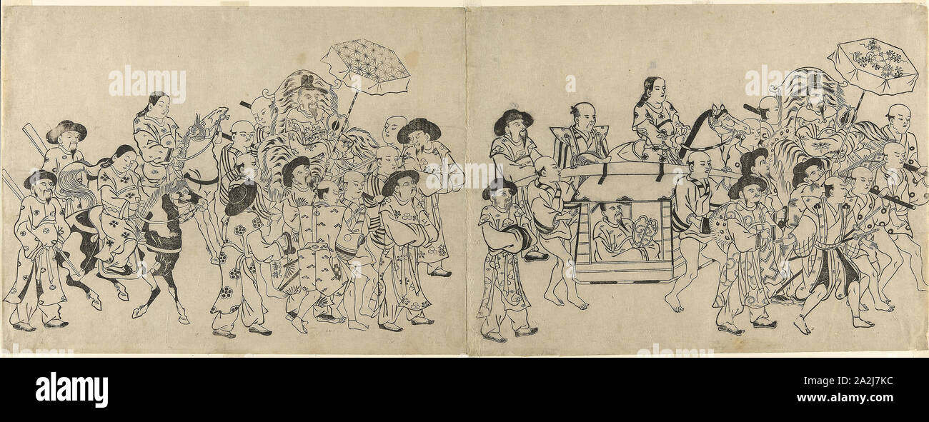 Arrival of the Korean Embassy in Edo, c. 1709, Torii Kiyonobu I, Japanese, 1664-1729, Japan, Woodblock print, oban sumizuri-e, 1 of 6 sheets from a 12-sheet composition (see 1925.2334a-f), 28 x 36.5 cm (11 1/24 x 14 3/8 in Stock Photo