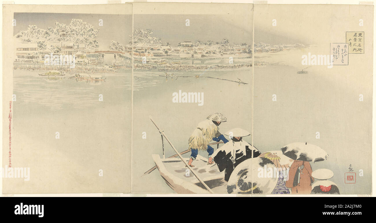 Second Month: Matsuchi Hill in Snow at Dusk (Kisaragi, Matsuchiyama yuki no tasogare), from the series True Views of Famous Places in Tokyo (Tokyo meisho shinkei no uchi), 1896, Kobayashi Kiyochika, Japanese, 1847-1915, Japan, Color woodblock print, oban triptych, 38.3 x 26.0 cm (left), 38.6 x 25.9 cm (center), 38.3 x 26.0 cm (right Stock Photo